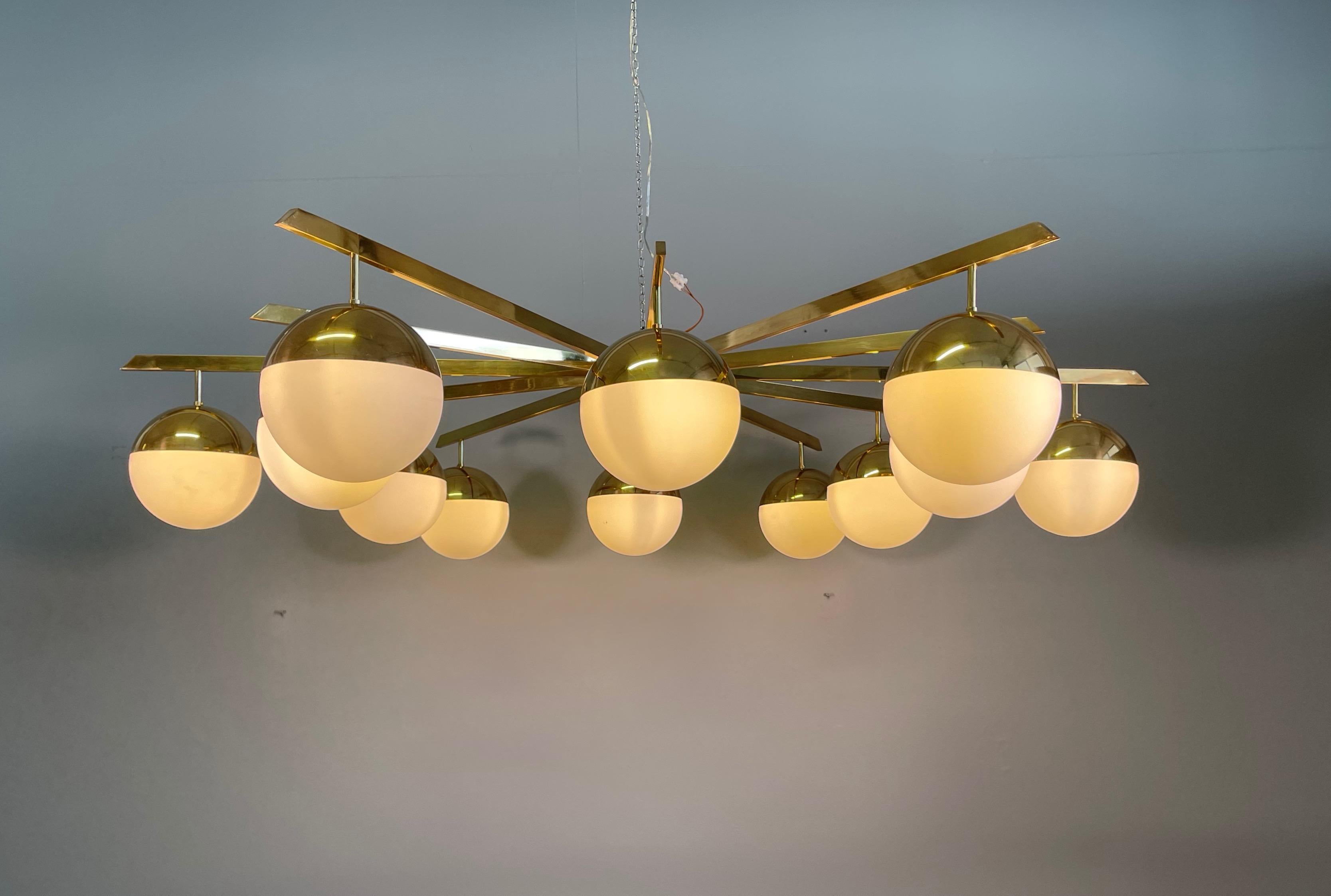 Large Twelve Arms Brass Chandelier Whit Opaline Glass in the Manner of Stilnovo 3