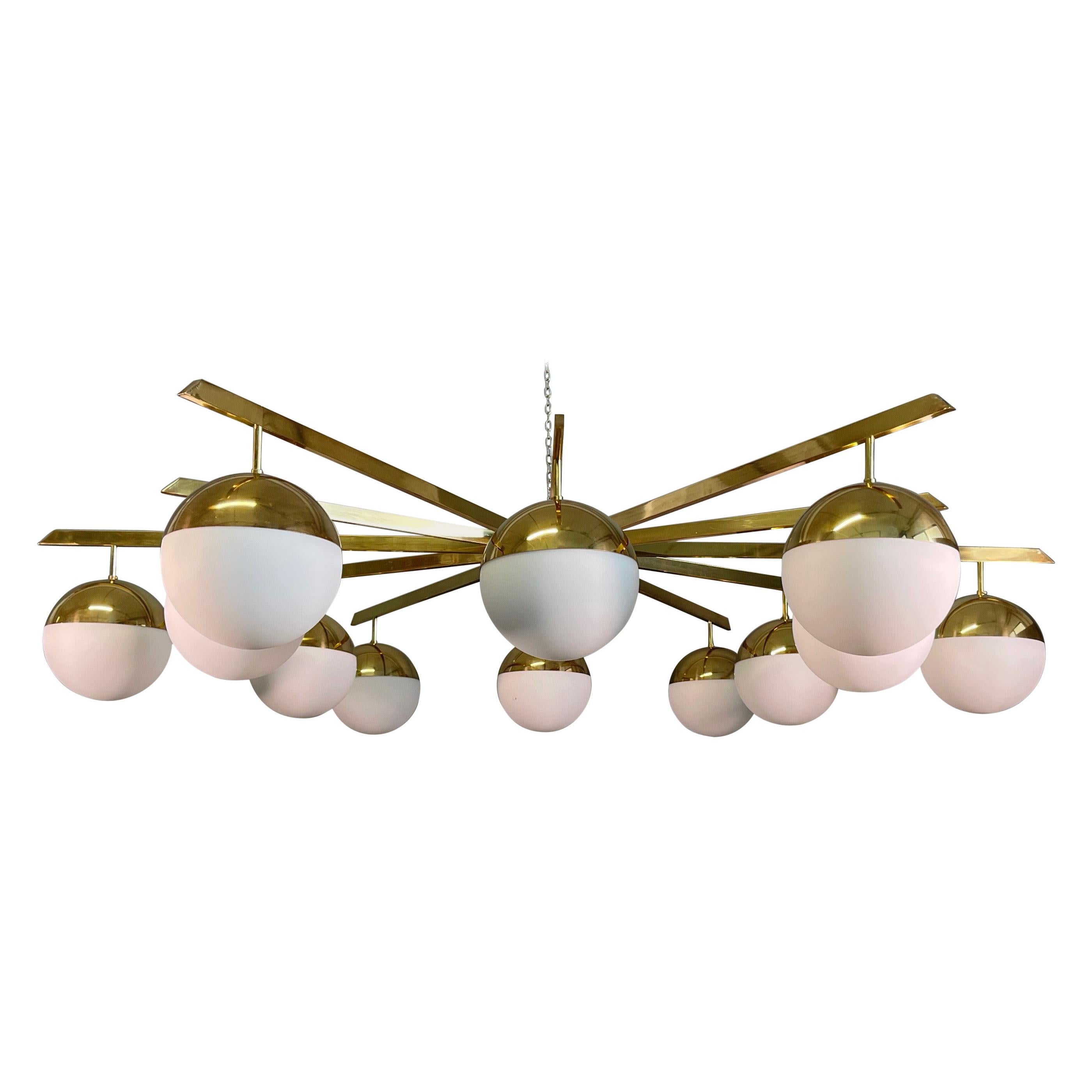 Large Twelve Arms Brass Chandelier Whit Opaline Glass in the Manner of Stilnovo