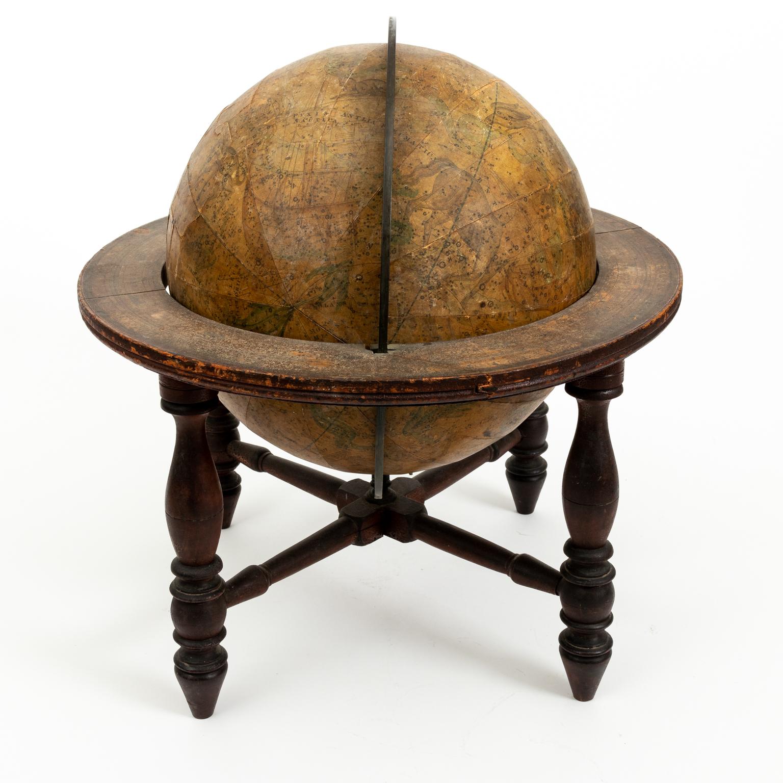 Circa 1838 large 12.00 inch globe with original surface on ball-and-ring turned stand. Made in Boston, Massachusetts, United States. Please note of wear consistent with age including finish loss to the wood and globe along with minor chips.