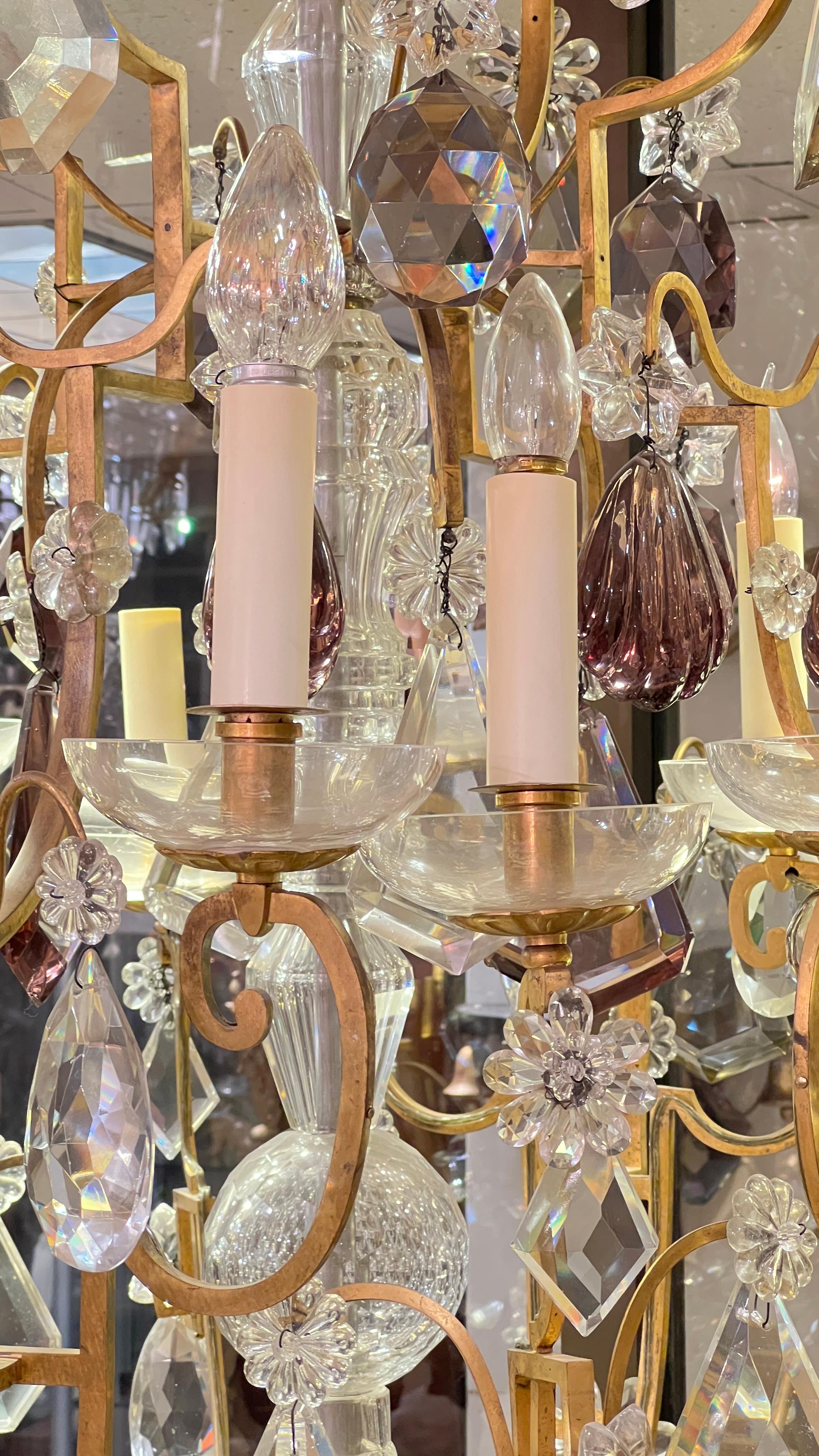 Large Twelve Light Crystal and Bronze Chandelier Attributed to Bagues For Sale 3