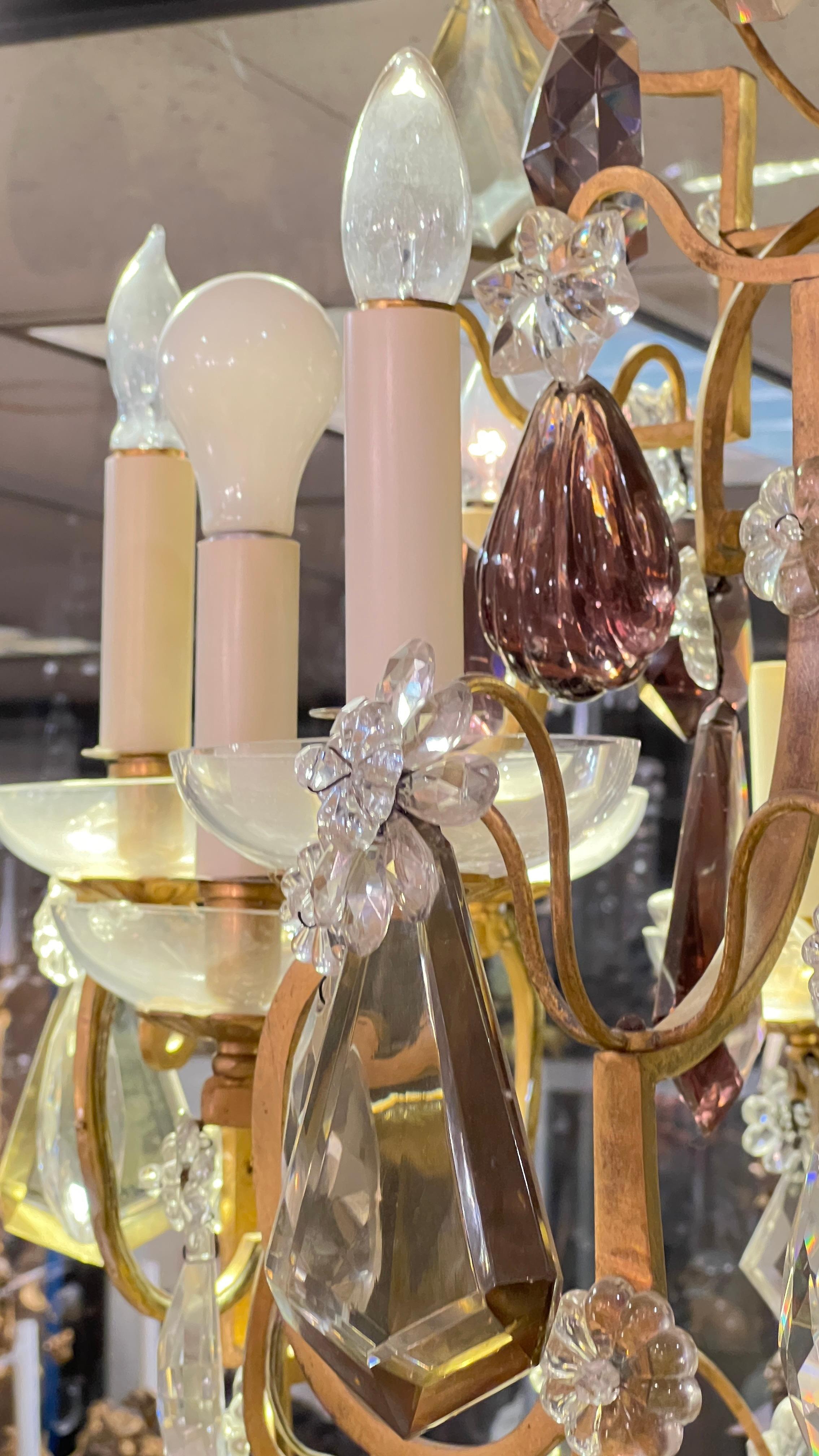 Large Twelve Light Crystal and Bronze Chandelier Attributed to Bagues For Sale 6