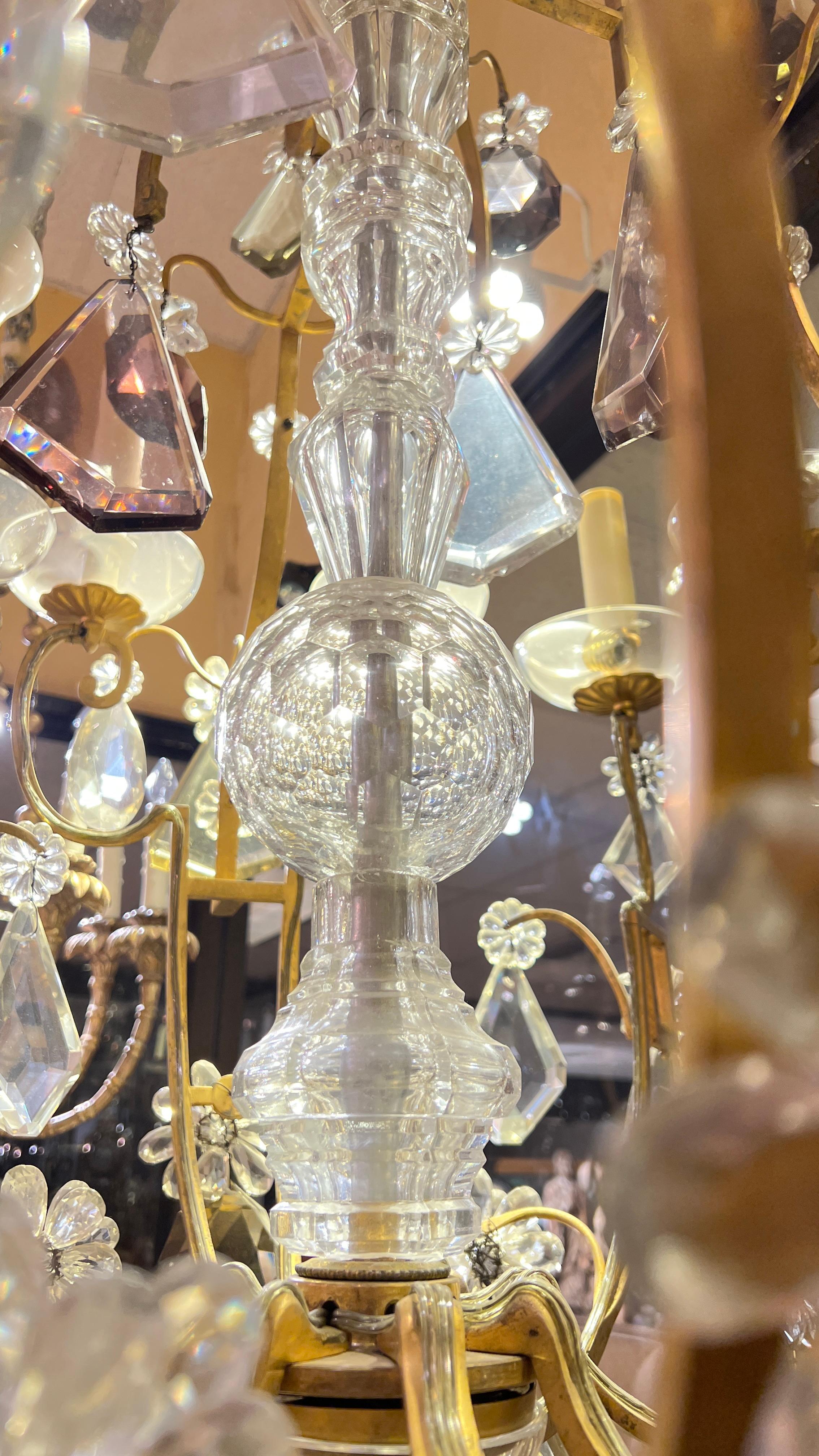 Large Twelve Light Crystal and Bronze Chandelier Attributed to Bagues For Sale 8