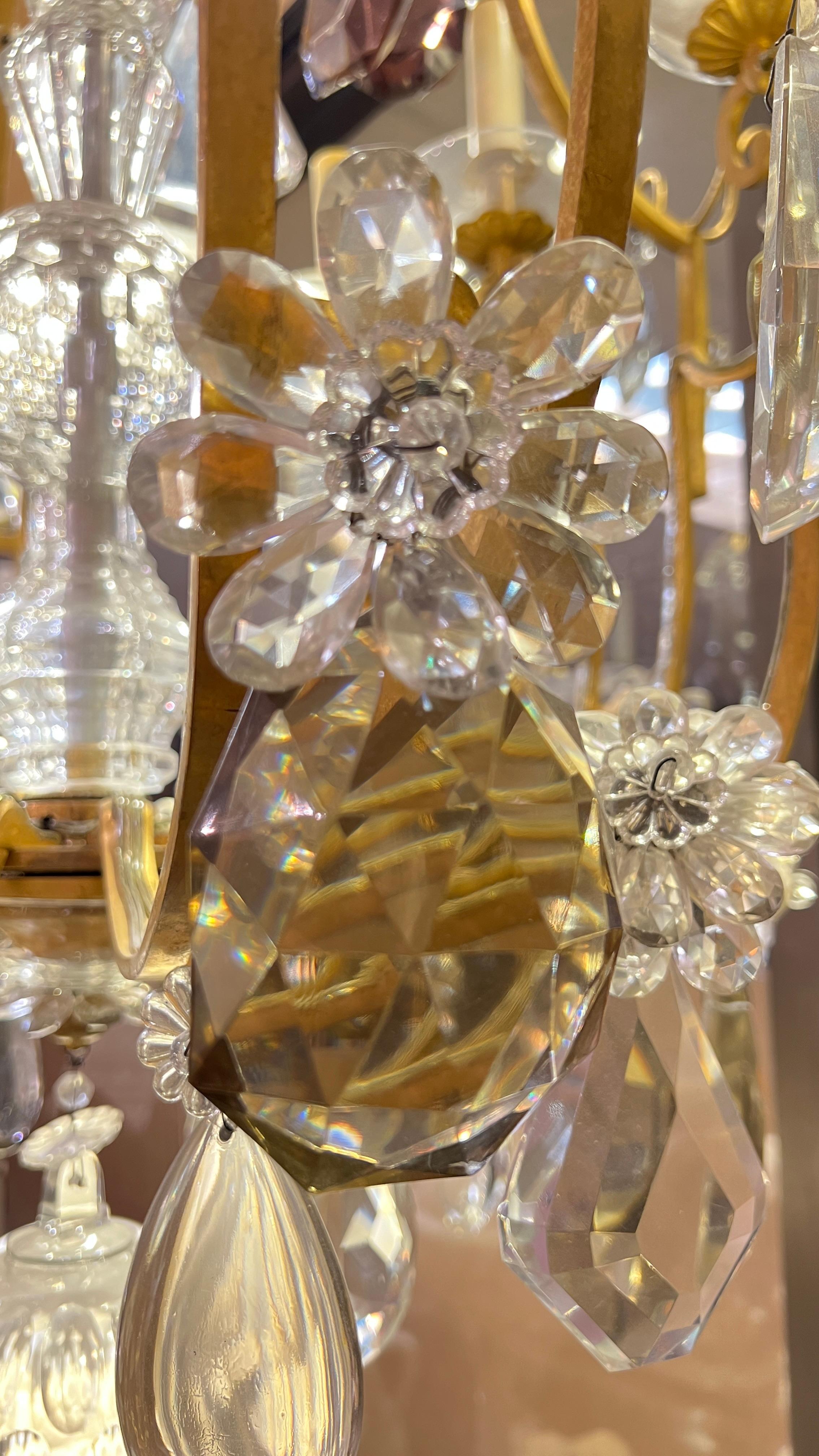 20th Century Large Twelve Light Crystal and Bronze Chandelier Attributed to Bagues For Sale