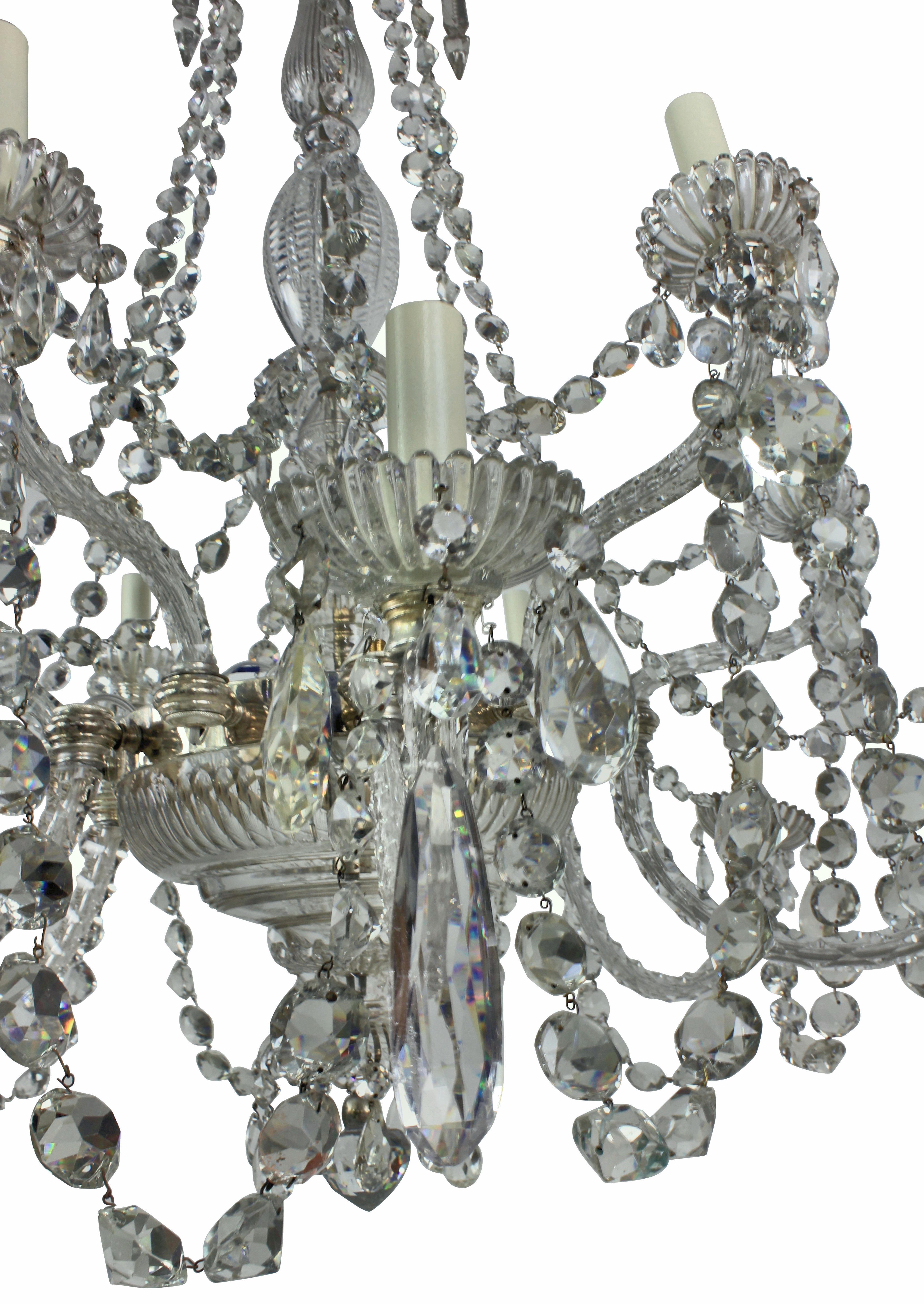 High Victorian Large Twelve Light Cut Glass Chandelier by Perry of Fine Quality For Sale