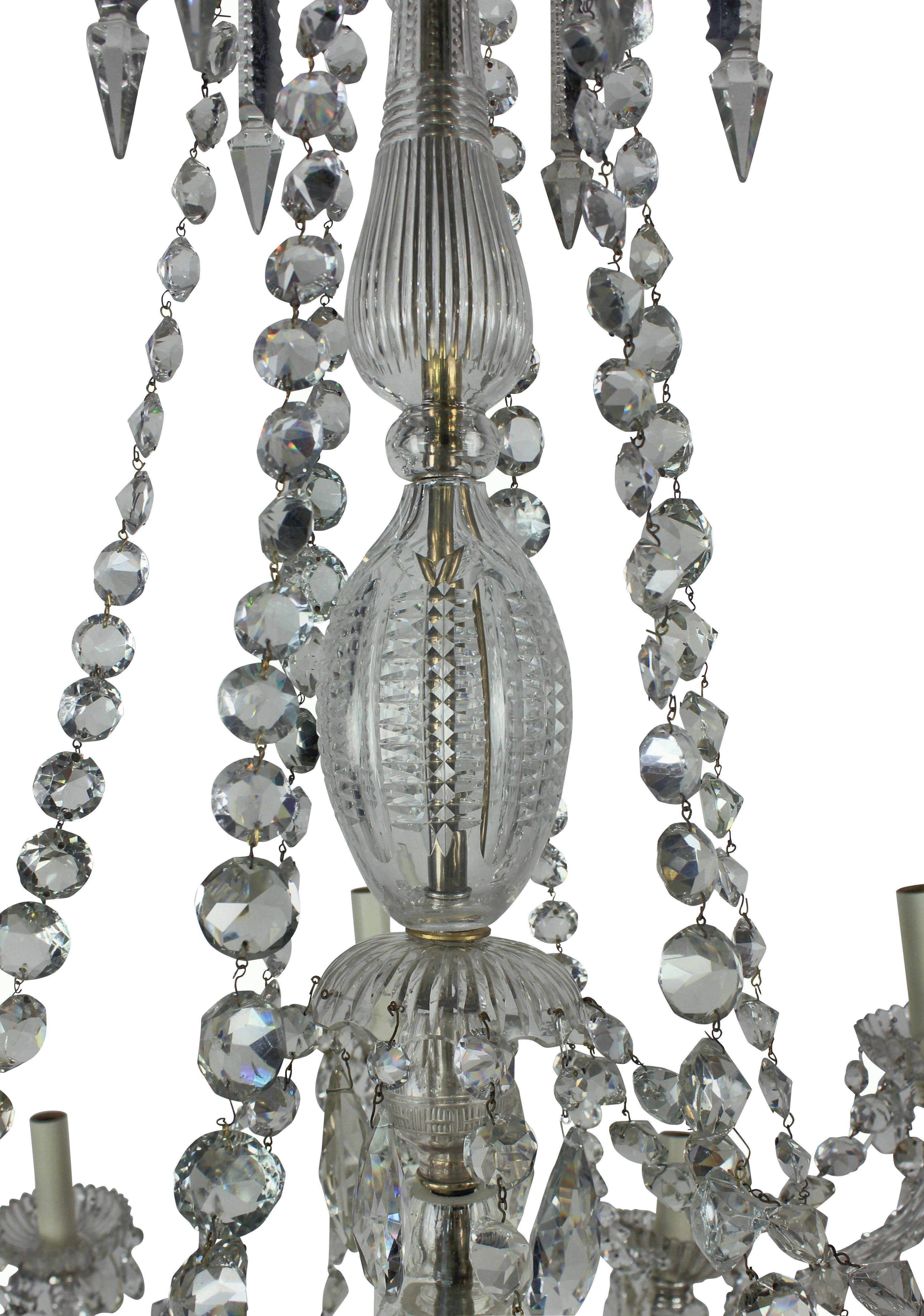 English Large Twelve Light Cut Glass Chandelier by Perry of Fine Quality For Sale