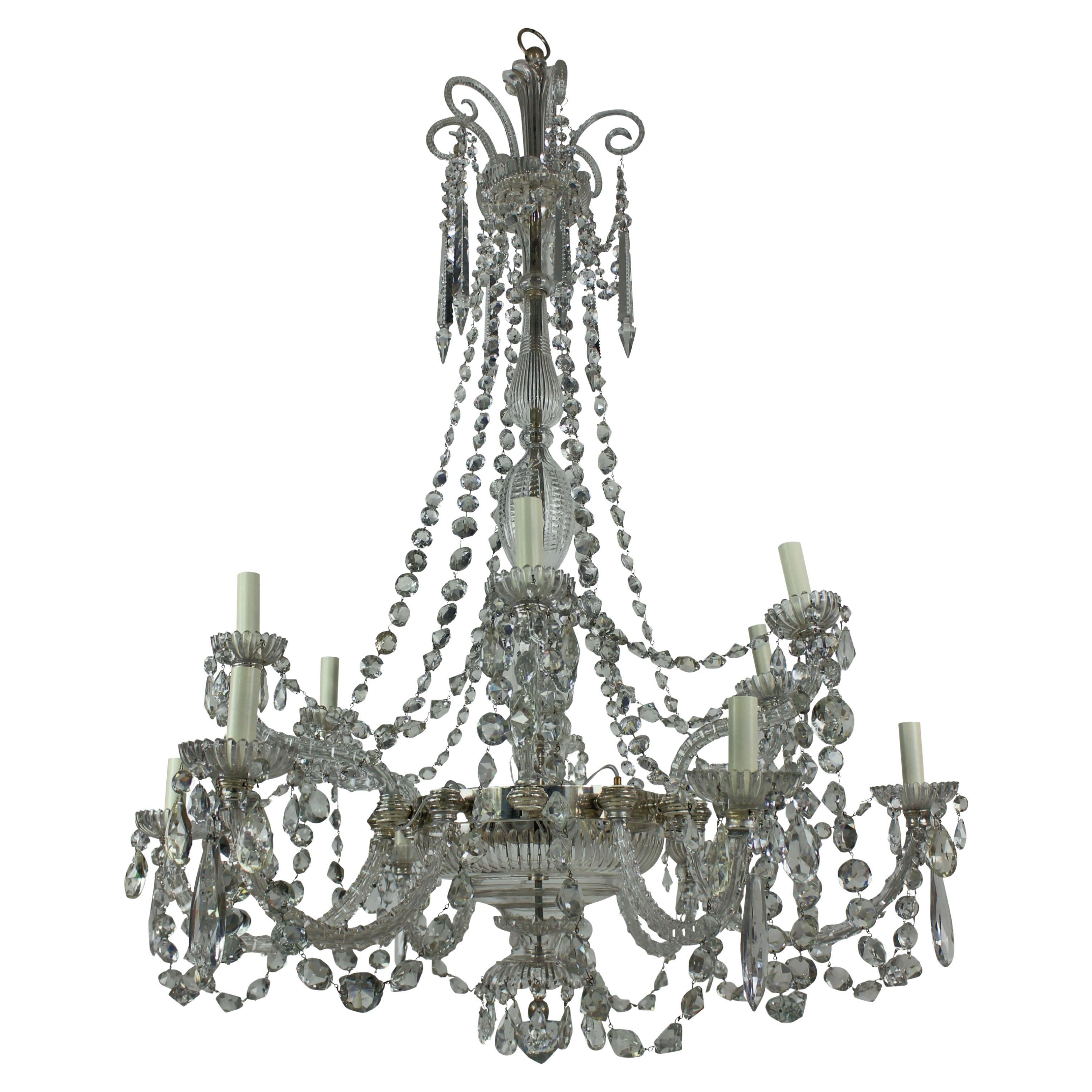 Large Twelve Light Cut Glass Chandelier by Perry of Fine Quality For Sale