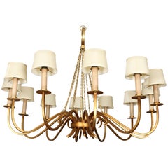 Large Twelve-Light Gilt Metal Chandelier