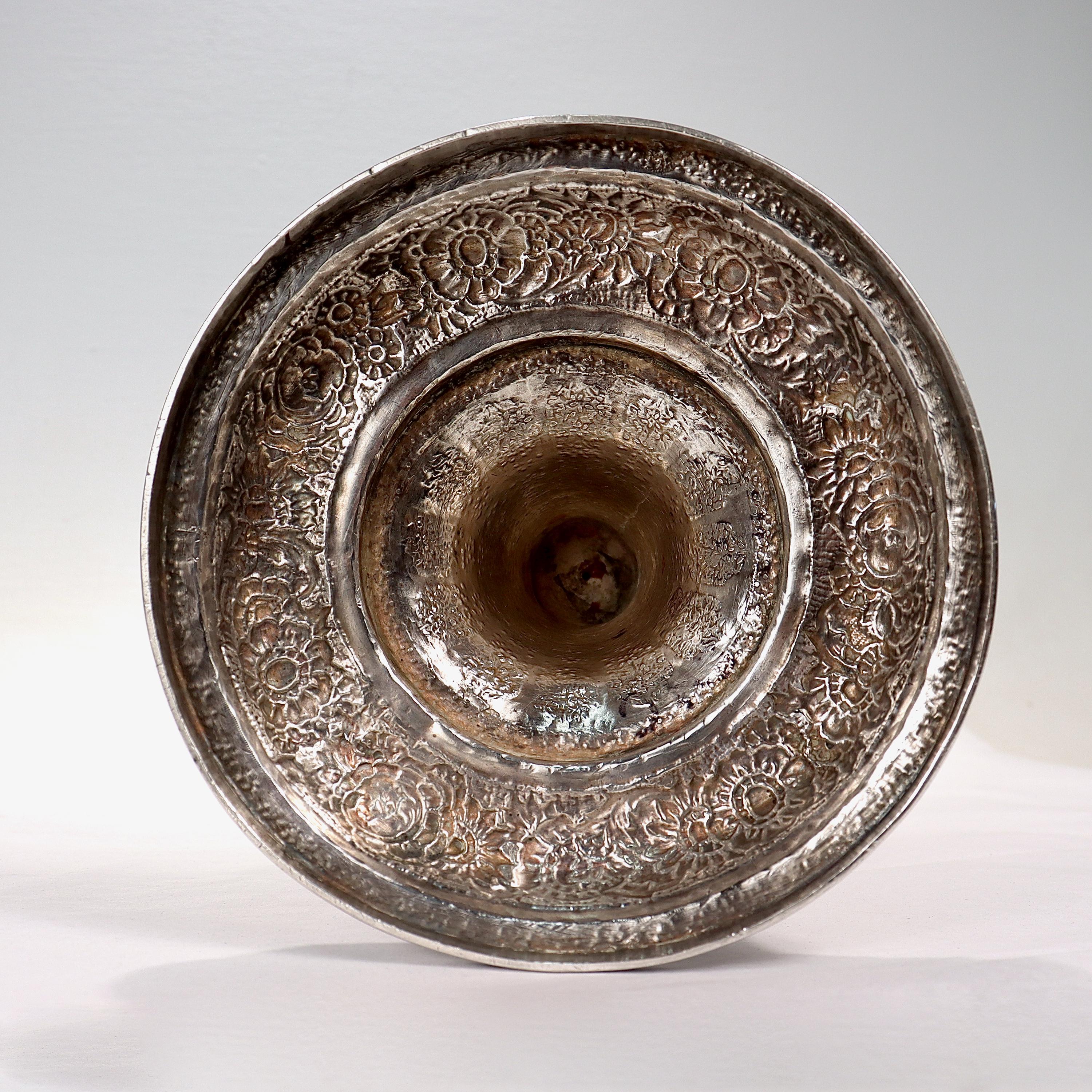 Large Twin-Handled Old or Antique Islamic Ottoman / Persian Repoussé Silver Vase 2
