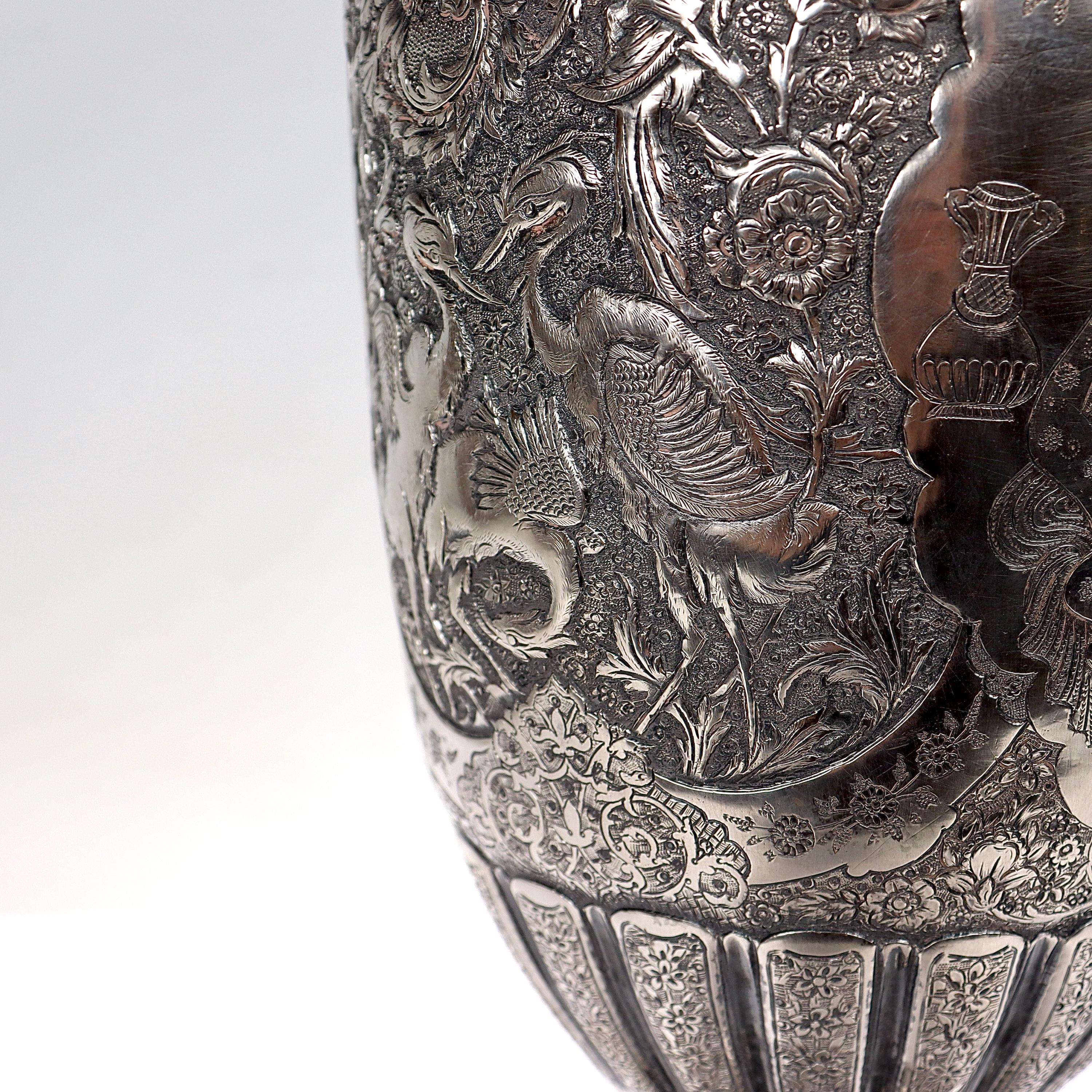 Large Twin-Handled Old or Antique Islamic Ottoman / Persian Repoussé Silver Vase For Sale 3