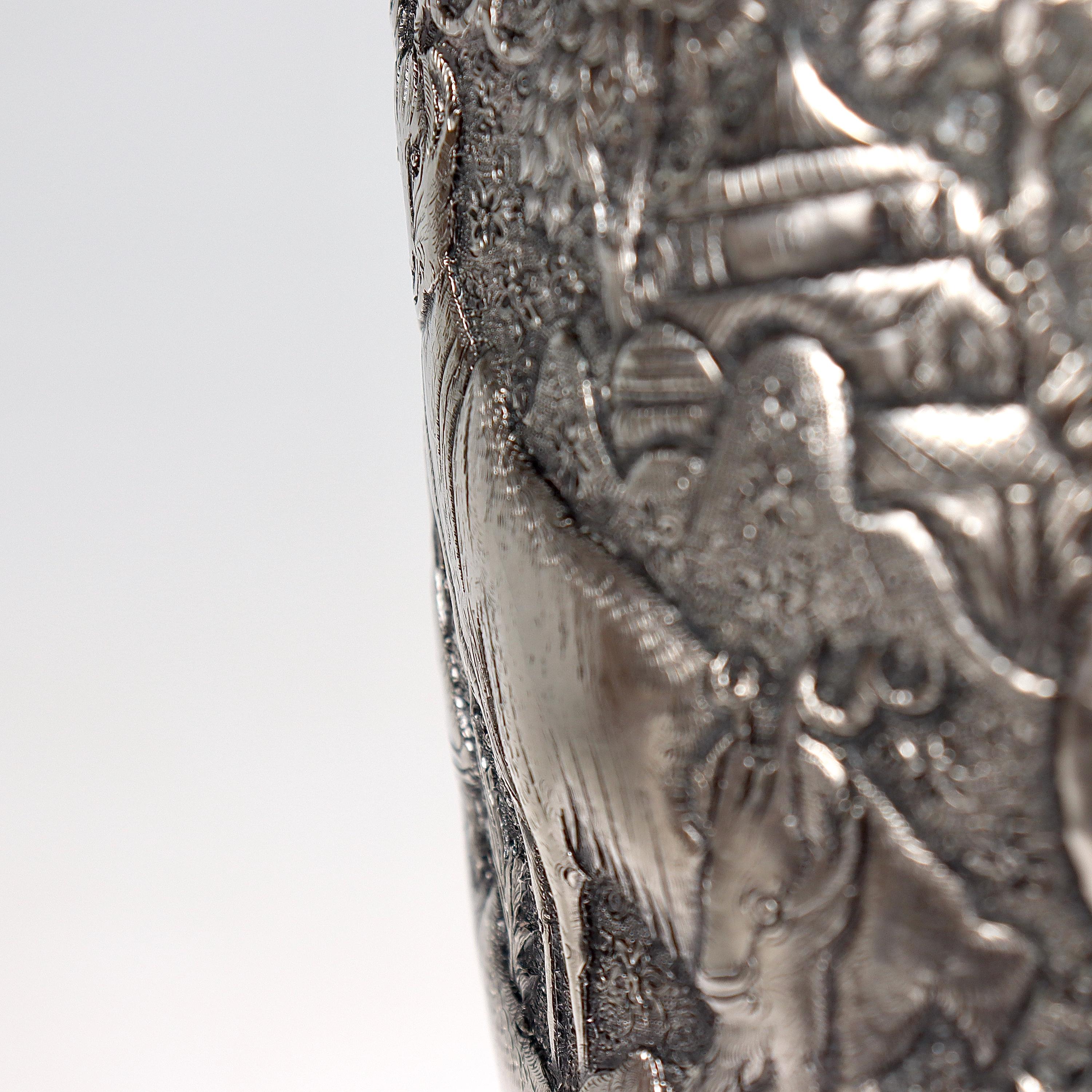 Large Twin-Handled Old or Antique Islamic Ottoman / Persian Repoussé Silver Vase For Sale 9