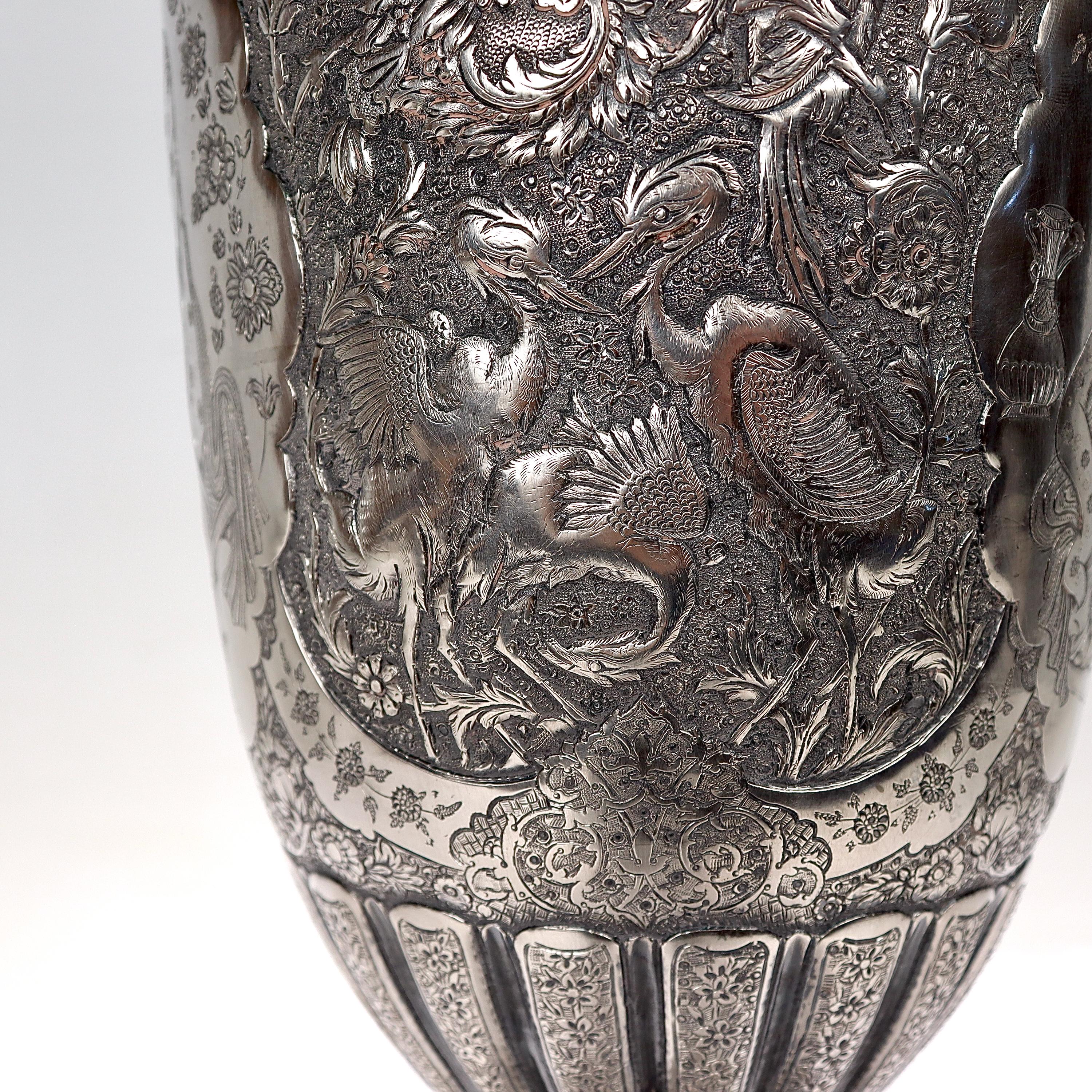 British Colonial Large Twin-Handled Old or Antique Islamic Ottoman / Persian Repoussé Silver Vase For Sale