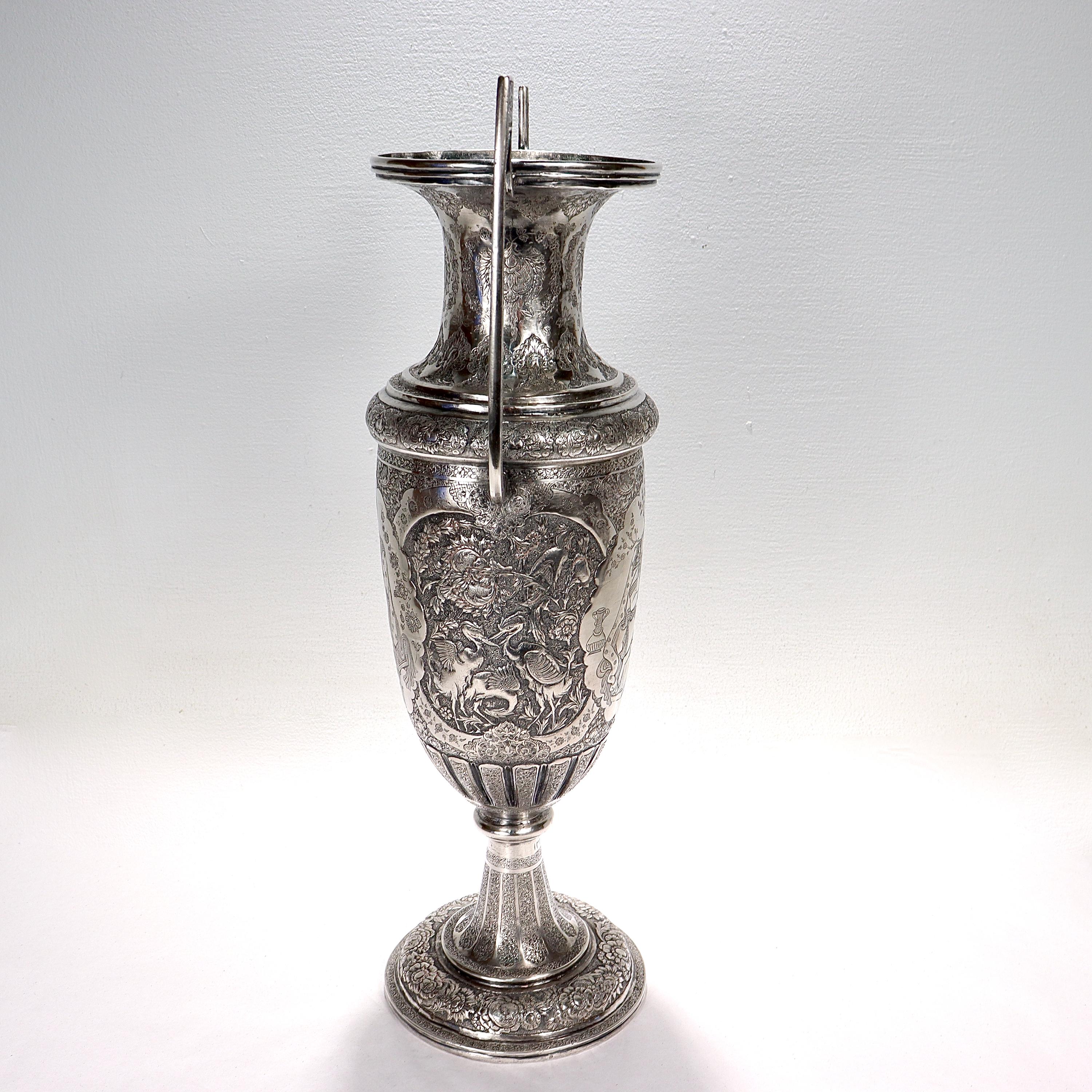 Large Twin-Handled Old or Antique Islamic Ottoman / Persian Repoussé Silver Vase In Good Condition For Sale In Philadelphia, PA