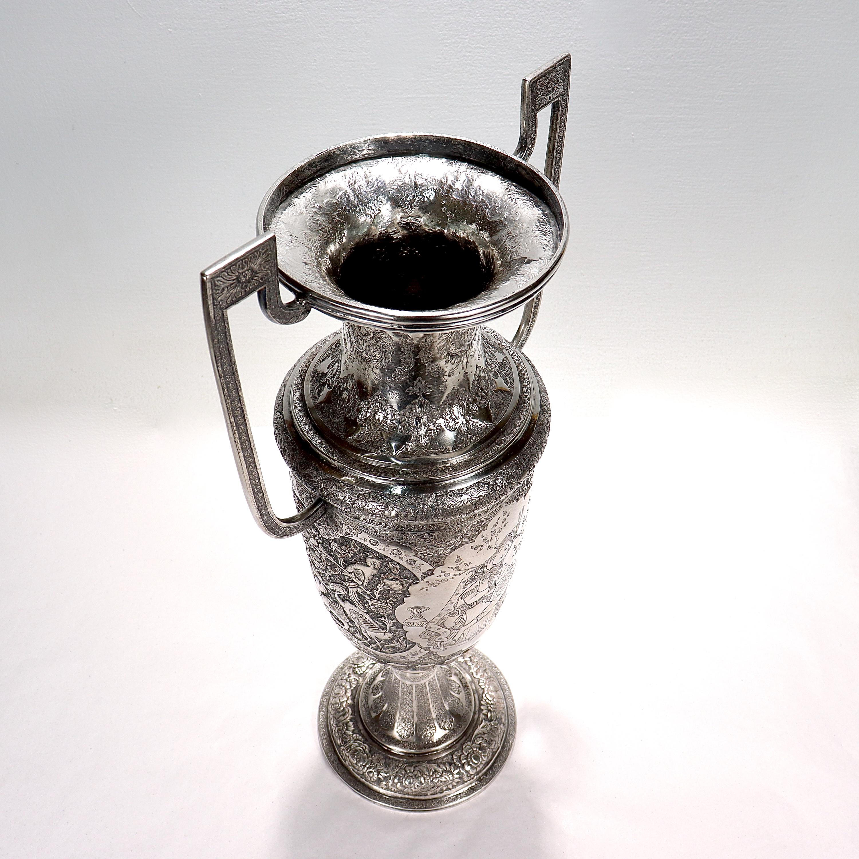 Women's or Men's Large Twin-Handled Old or Antique Islamic Ottoman / Persian Repoussé Silver Vase For Sale