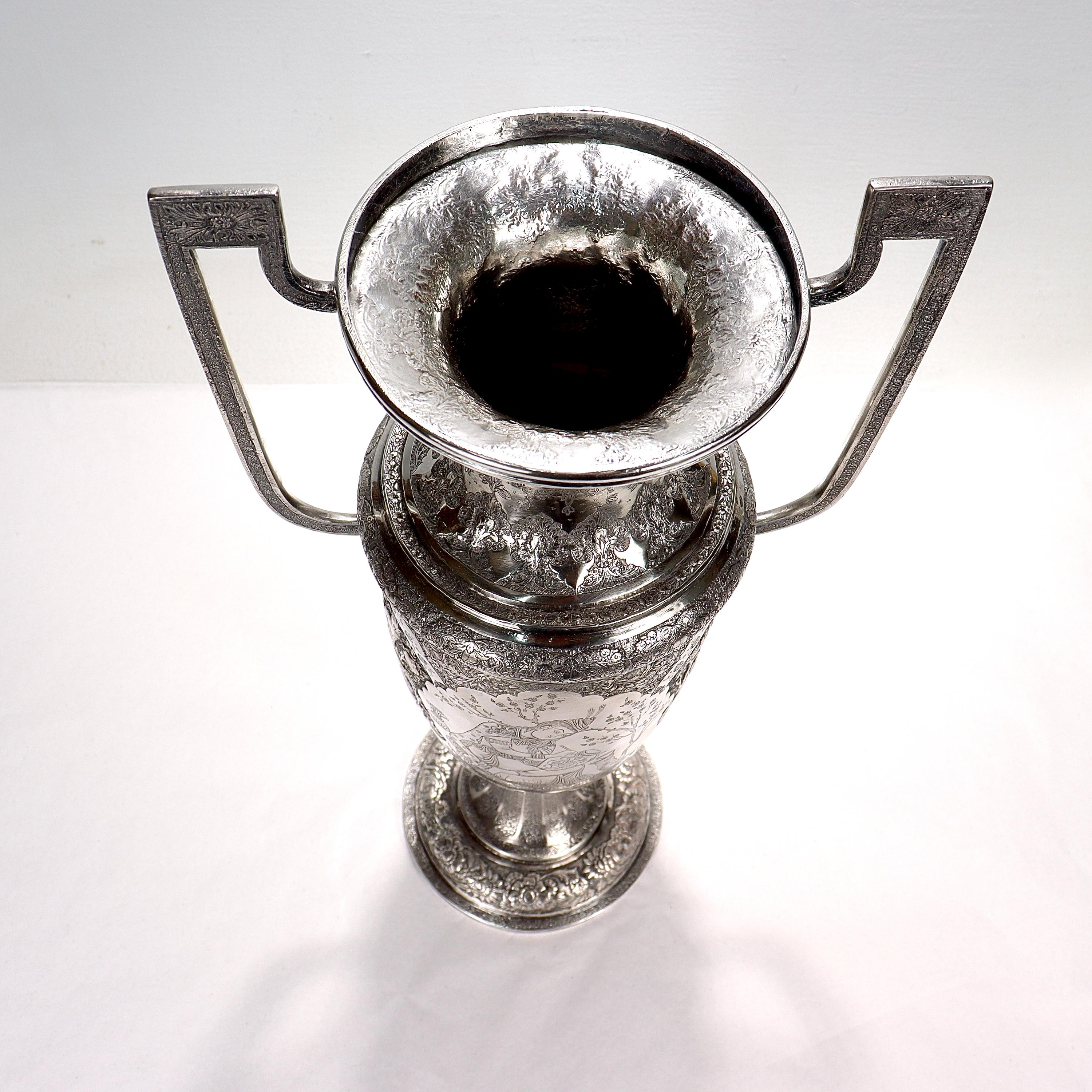 Large Twin-Handled Old or Antique Islamic Ottoman / Persian Repoussé Silver Vase For Sale 1