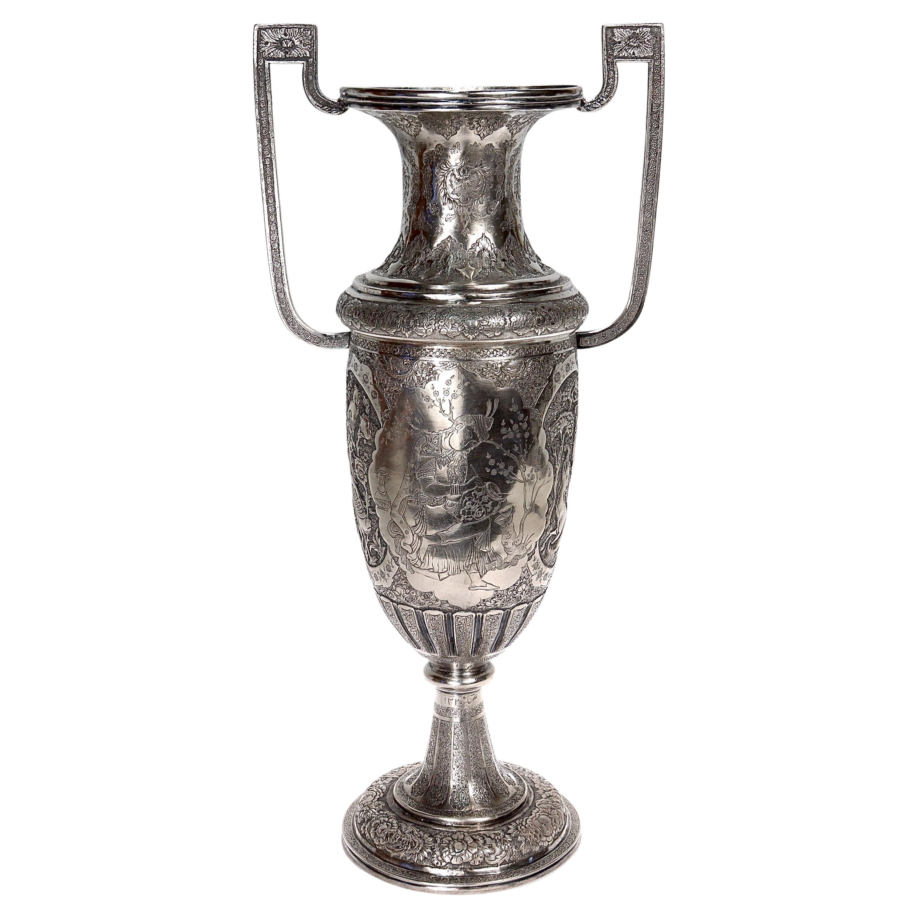 Large Twin-Handled Old or Antique Islamic Ottoman / Persian Repoussé Silver Vase For Sale