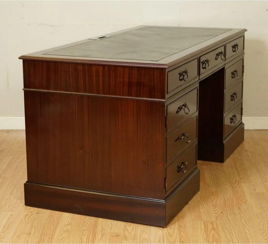 Large Twin Pedestal Office Desk with Green Inlaid Leather Top For Sale 2