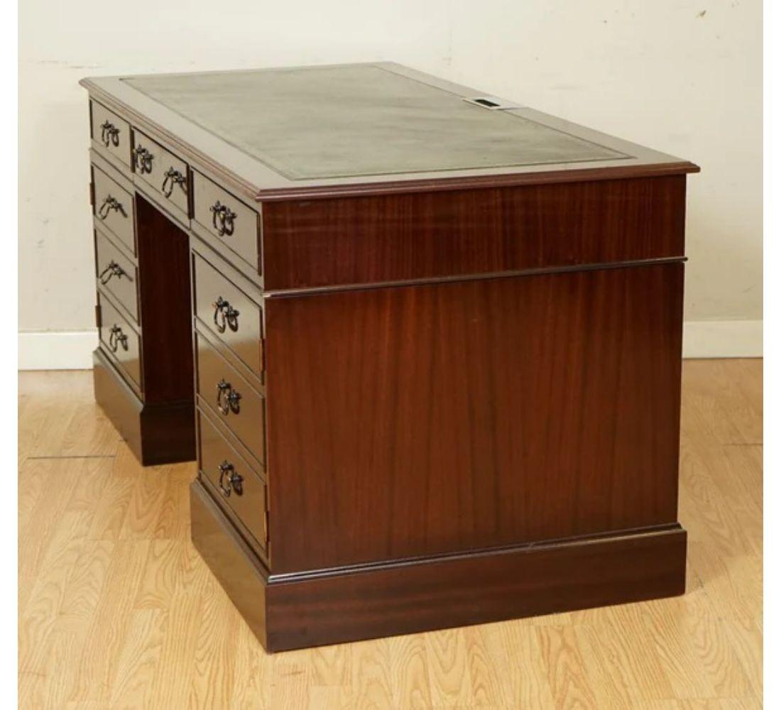 Large Twin Pedestal Office Desk with Green Inlaid Leather Top For Sale 3