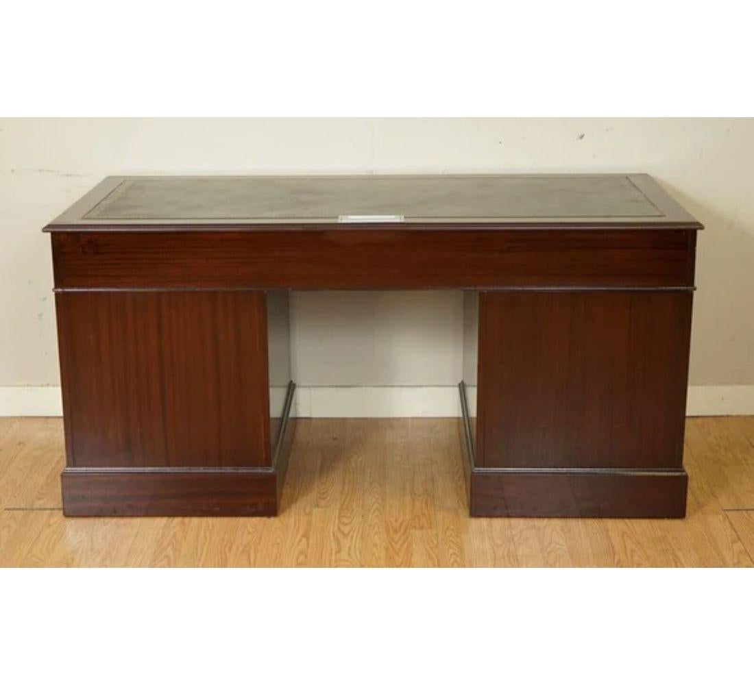 Large Twin Pedestal Office Desk with Green Inlaid Leather Top For Sale 4