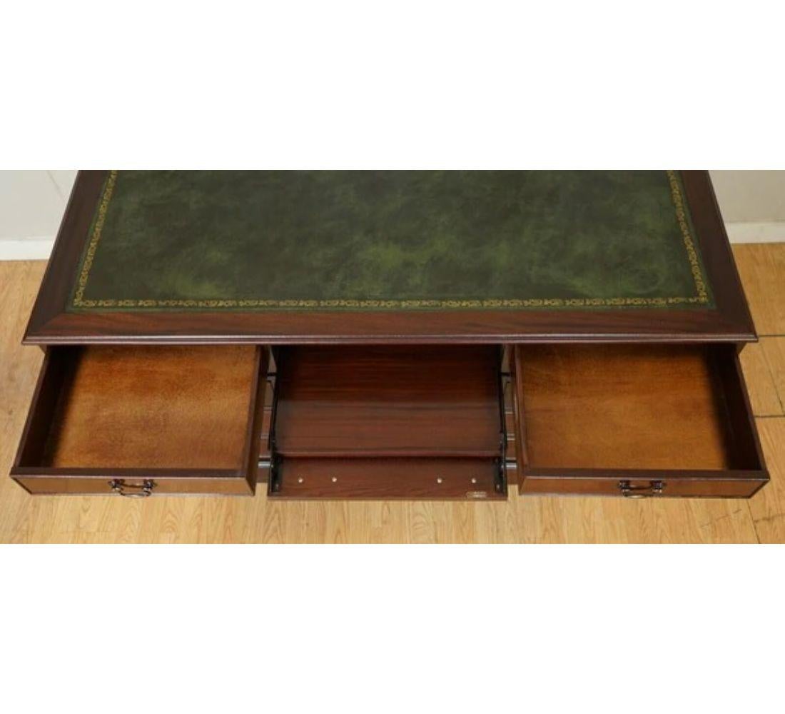 20th Century Large Twin Pedestal Office Desk with Green Inlaid Leather Top For Sale