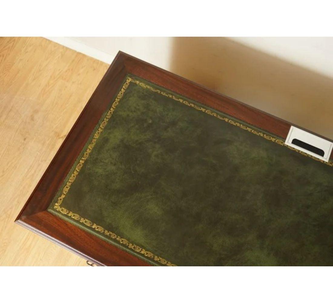 Hardwood Large Twin Pedestal Office Desk with Green Inlaid Leather Top For Sale