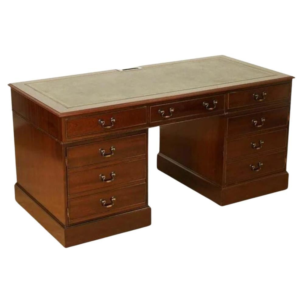 Large Twin Pedestal Office Desk with Green Inlaid Leather Top For Sale