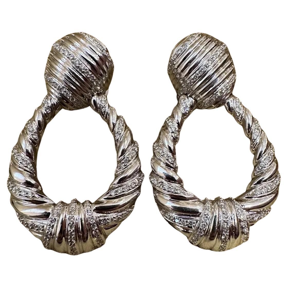 Large Twist Diamond Door-knocker Drop Earrings in 18k White Gold For Sale