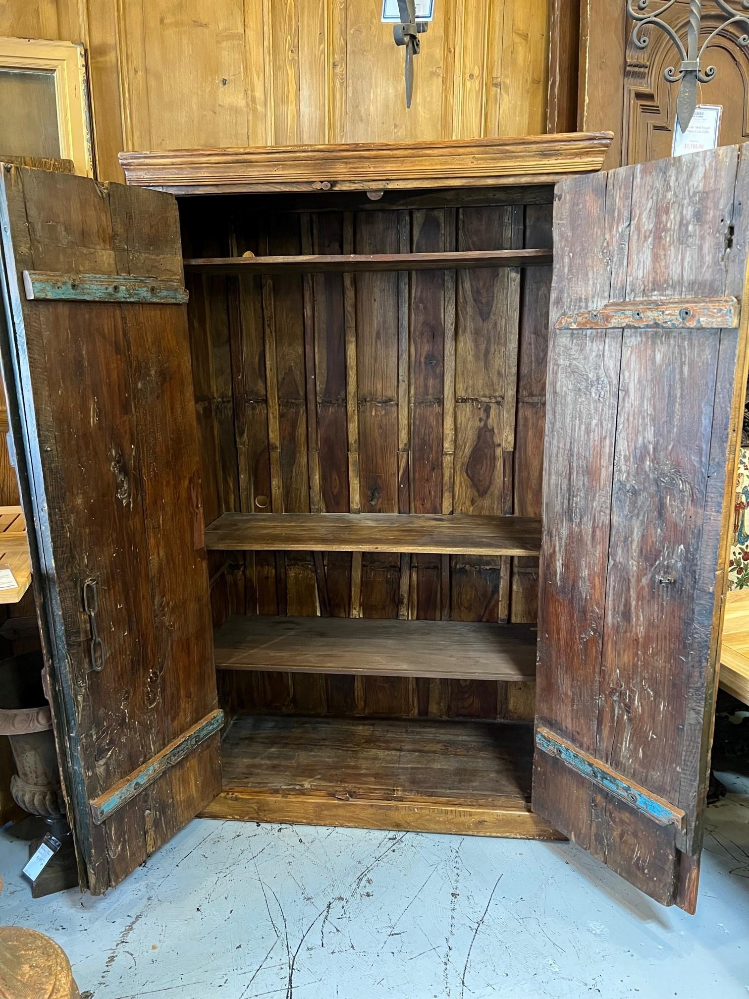 Large Two Door Cabinet with Antique Carved Wood Doors from India For Sale 6