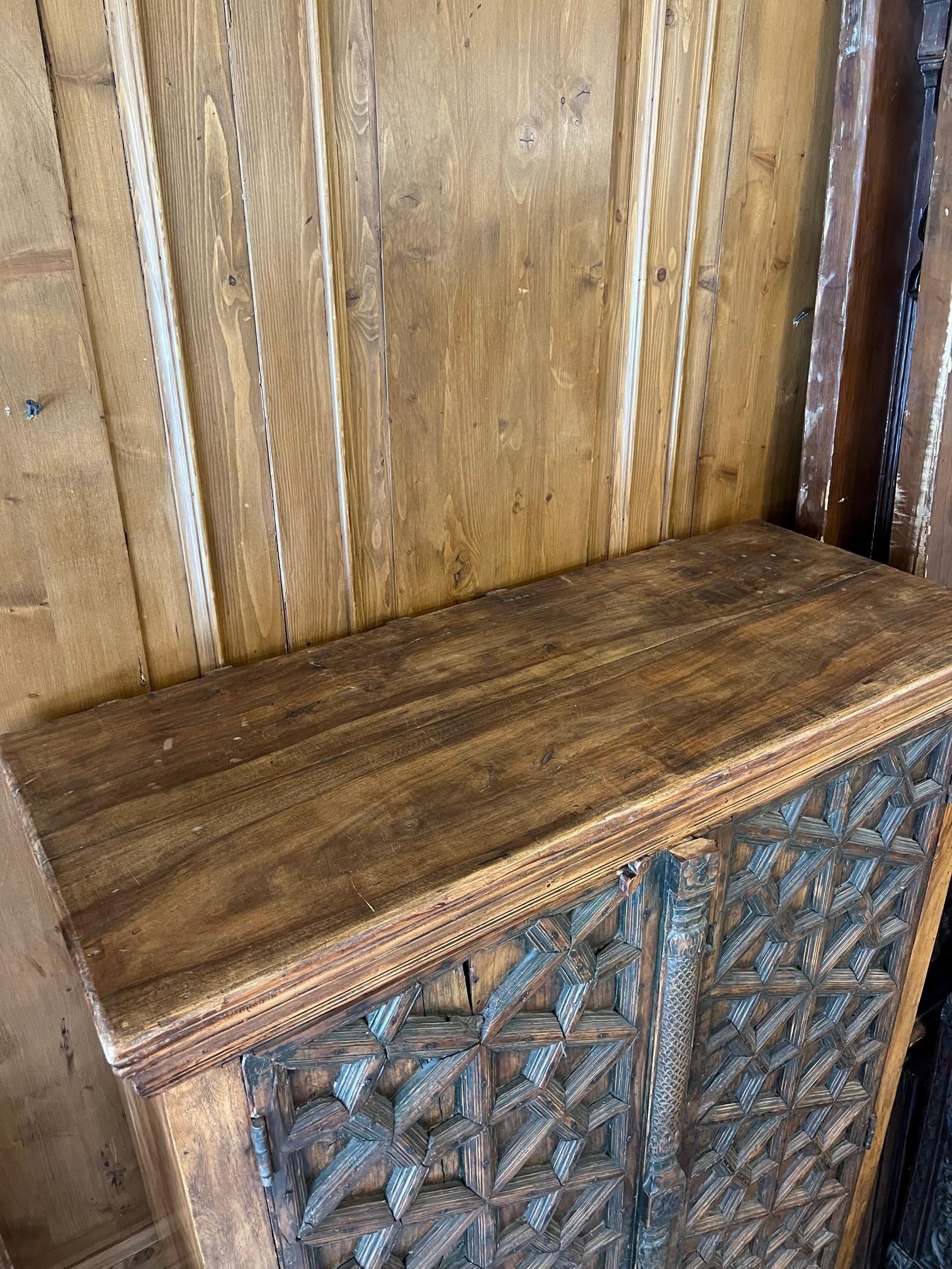 Large Two Door Cabinet with Antique Carved Wood Doors from India For Sale 13
