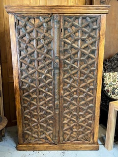 Large Two Door Cabinet with Antique Carved Wood Doors from India