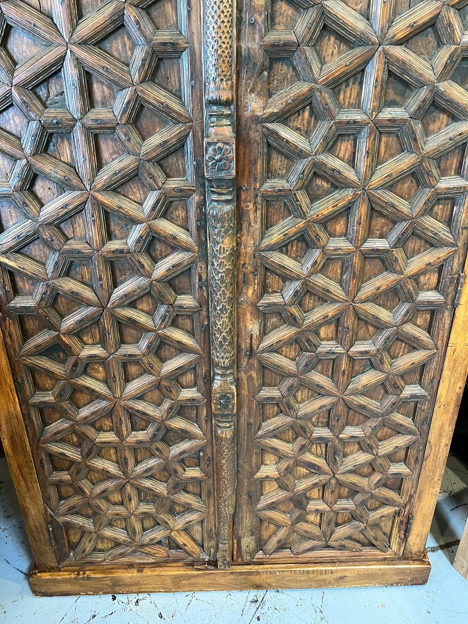 Large Two Door Cabinet with Antique Carved Wood Doors from India In Good Condition For Sale In Stamford, CT