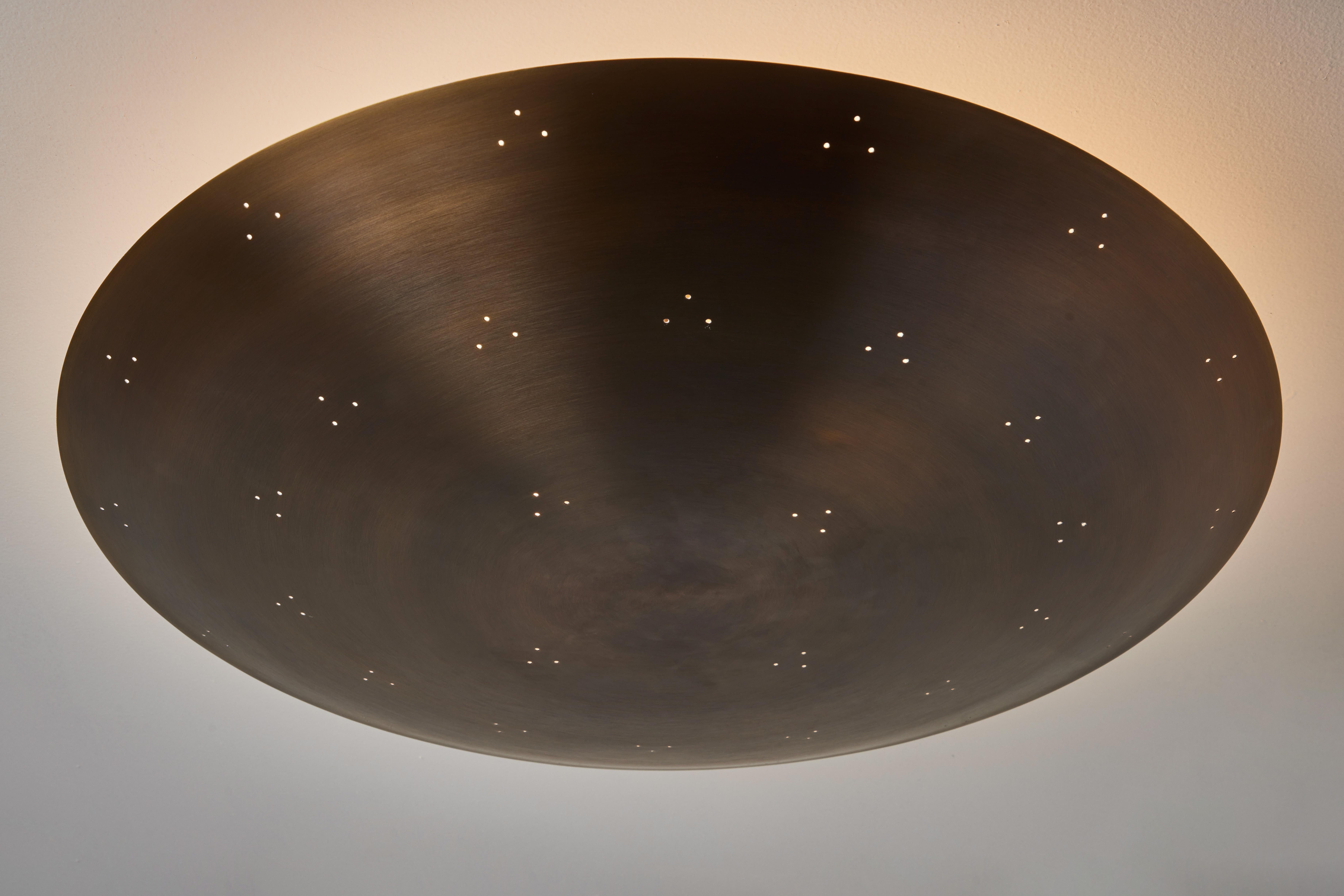 Large Two Enlighten 'Rey' Perforated Patinated Brass Dome Ceiling Lamp For Sale 1