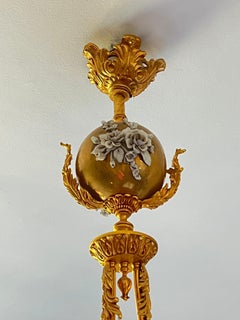 Large Two-Light Brass and Porcelain Chandelier, Italy, 1980s