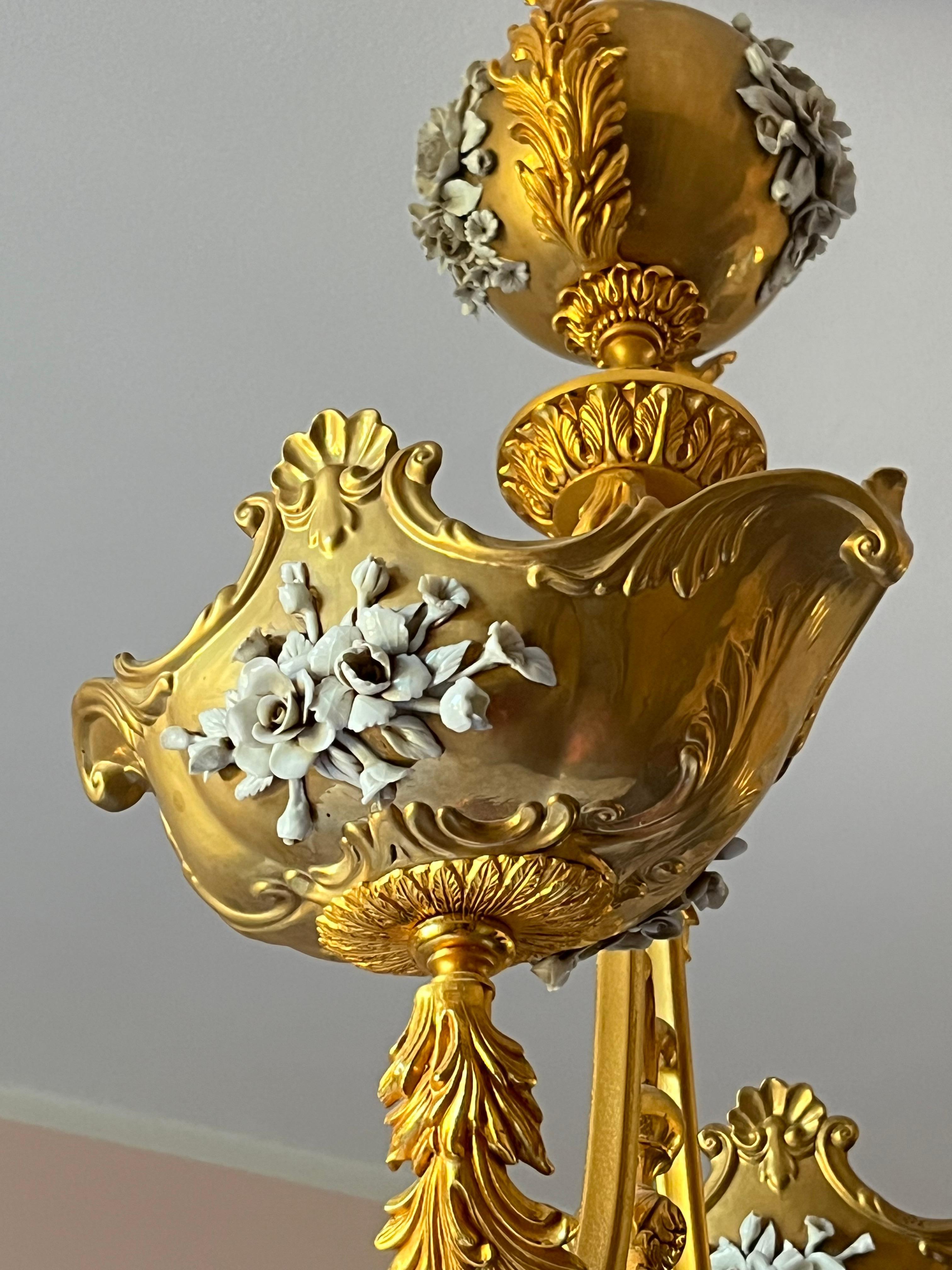 Italian Large Two-Light Brass and Porcelain Chandelier, Italy, 1980s For Sale