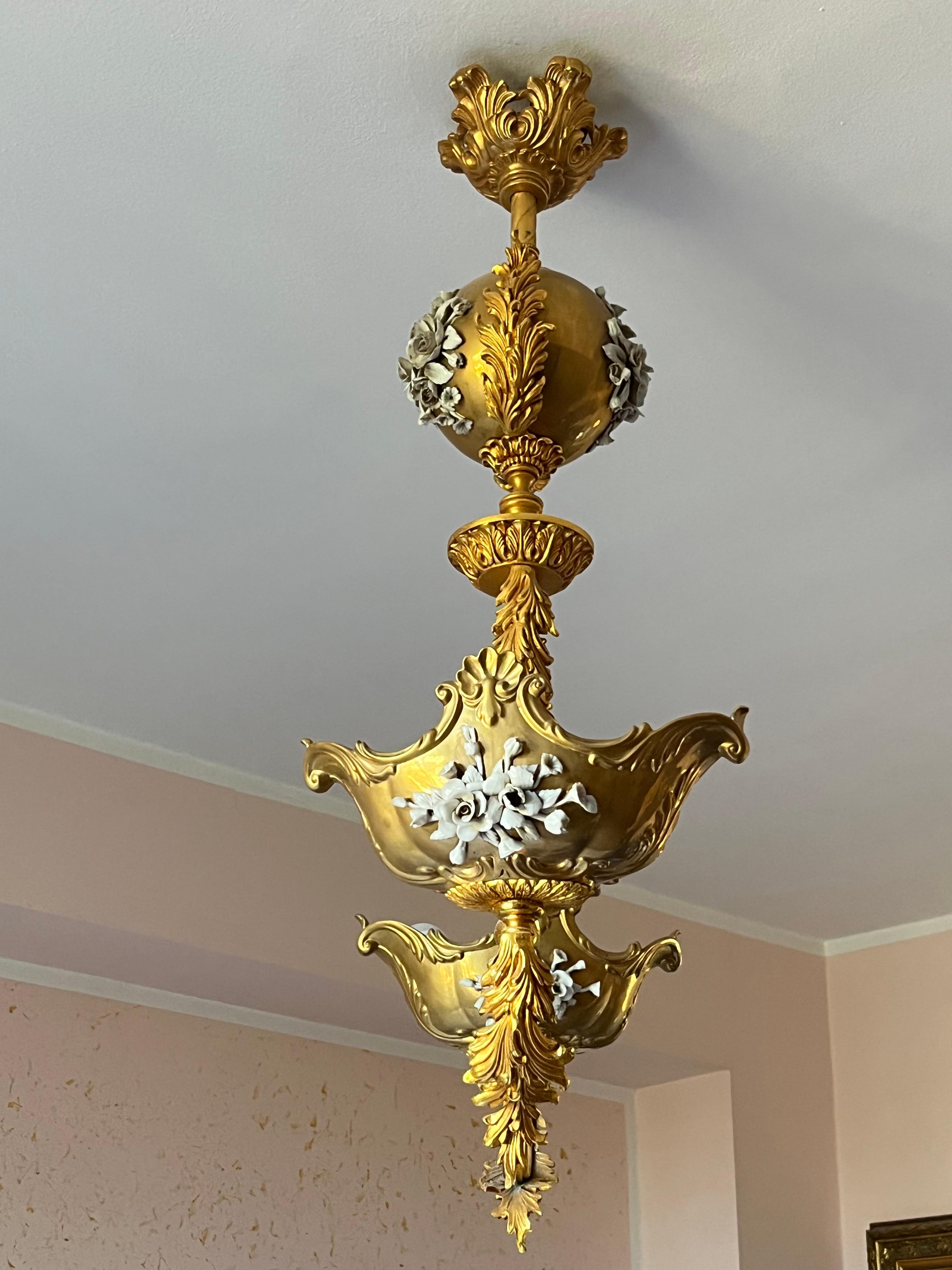 Other Large Two-Light Brass and Porcelain Chandelier, Italy, 1980s For Sale