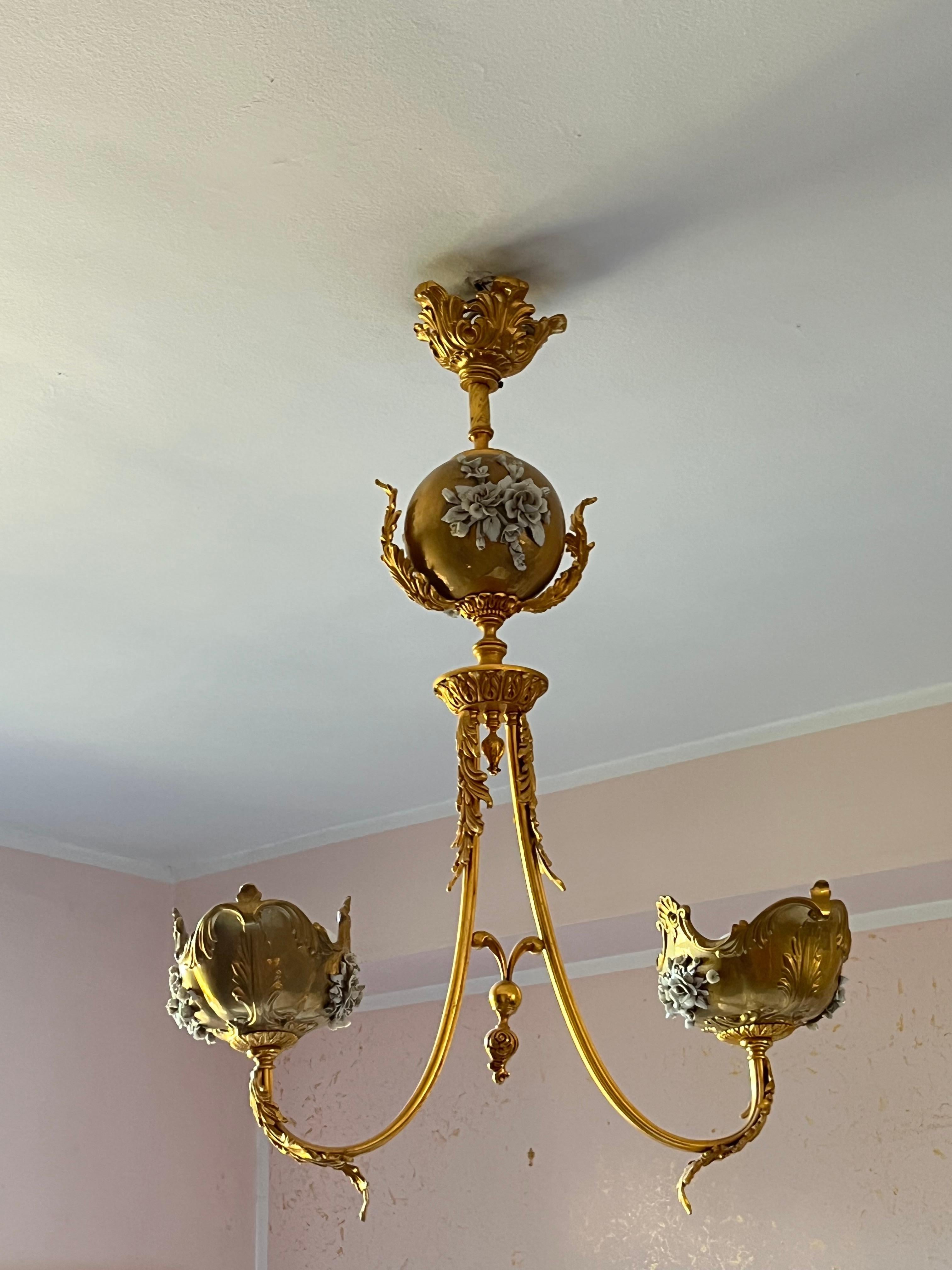 Late 20th Century Large Two-Light Brass and Porcelain Chandelier, Italy, 1980s For Sale