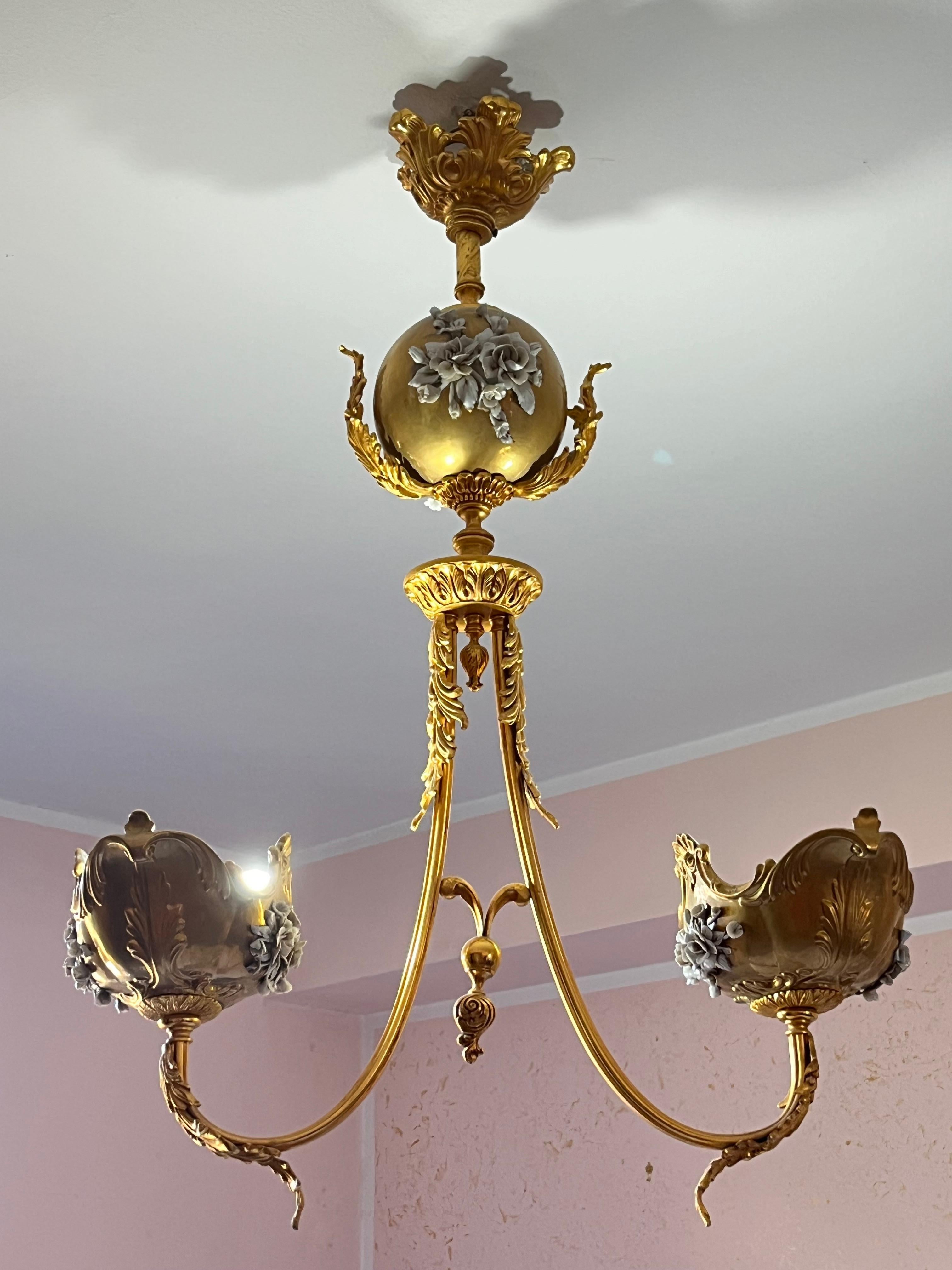 Large Two-Light Brass and Porcelain Chandelier, Italy, 1980s For Sale 1