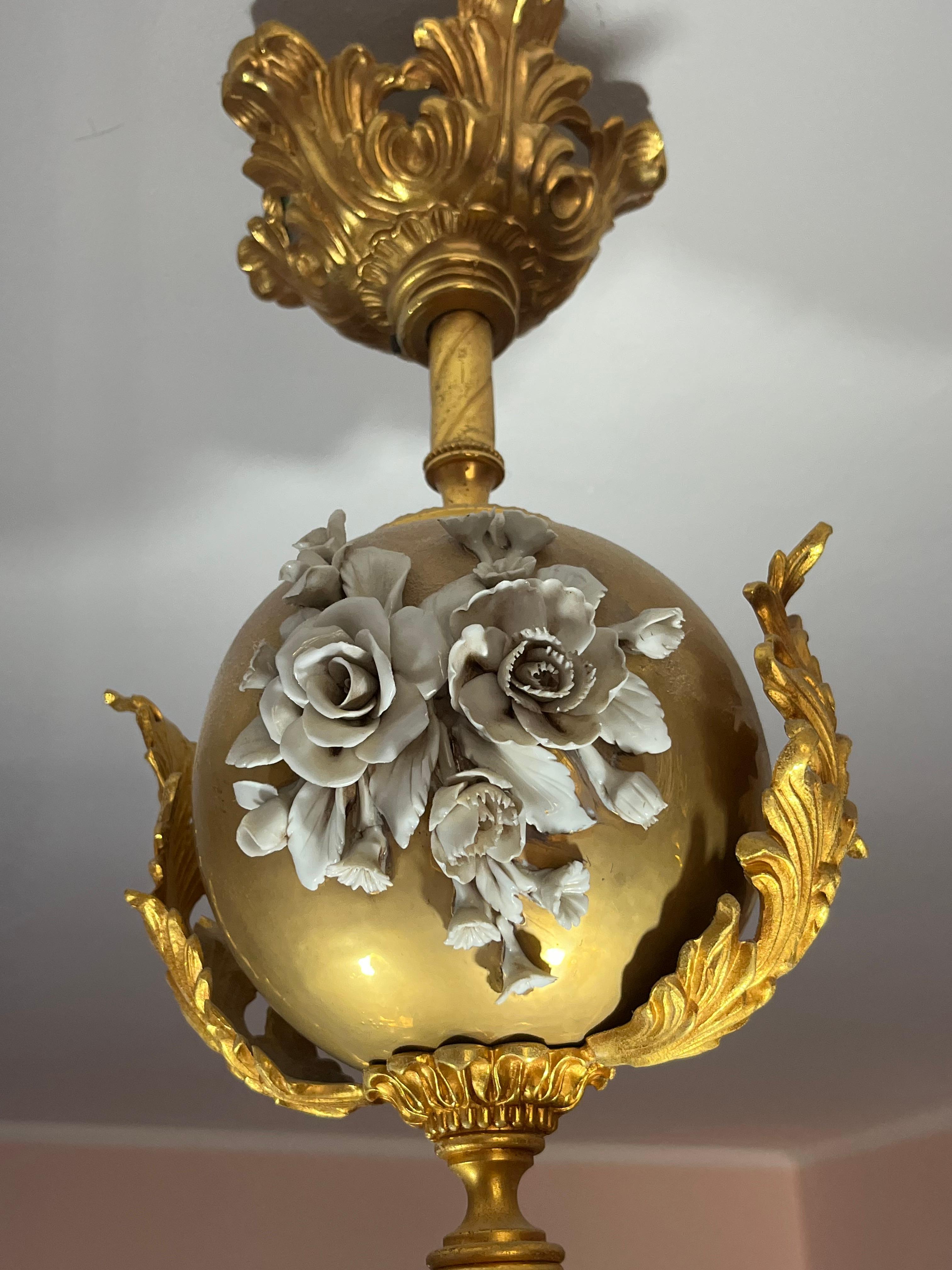 Large Two-Light Brass and Porcelain Chandelier, Italy, 1980s For Sale 2