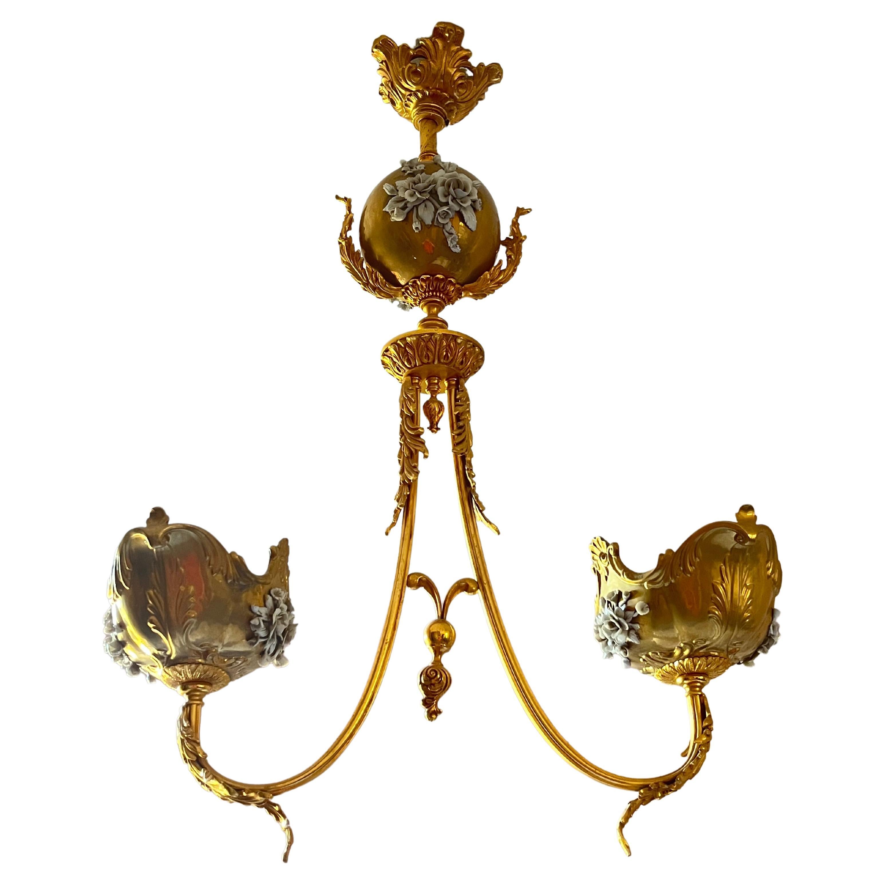 Large Two-Light Brass and Porcelain Chandelier, Italy, 1980s For Sale