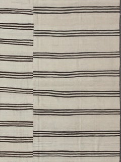 Large Two Paneled Vintage Turkish Striped Kilim Rug in Cream, Black and Brown