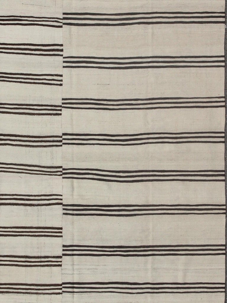 Large Two Paneled Vintage Turkish Striped Kilim Rug in Cream, Black and