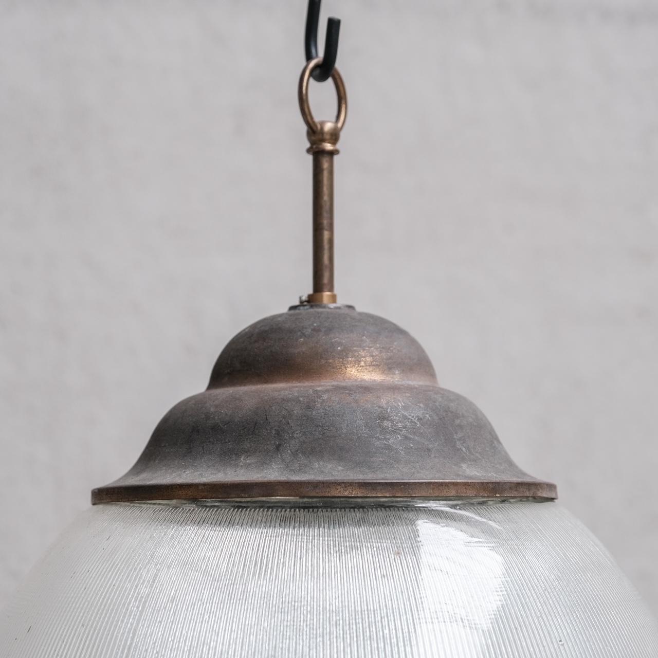 French Large Two Part Holophane Style Mid-Century Pendant Light For Sale