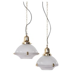 Large Two Part Vintage Holophane Pendant Lights With Polished Brass Fittings