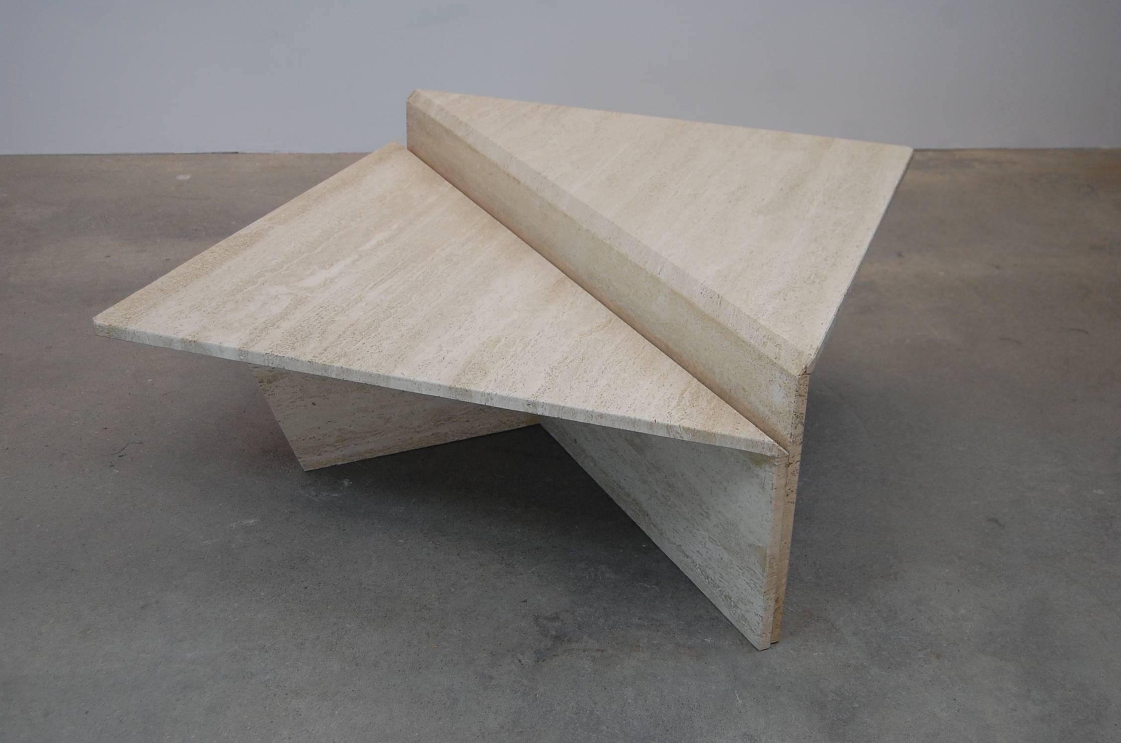 Large two-piece Italian travertine marble coffee table, Italy, circa 1970s. The two pieces can be configured in a number of ways, or used separate from each other. The two pieces are the same dimension, with the exception of height. They both