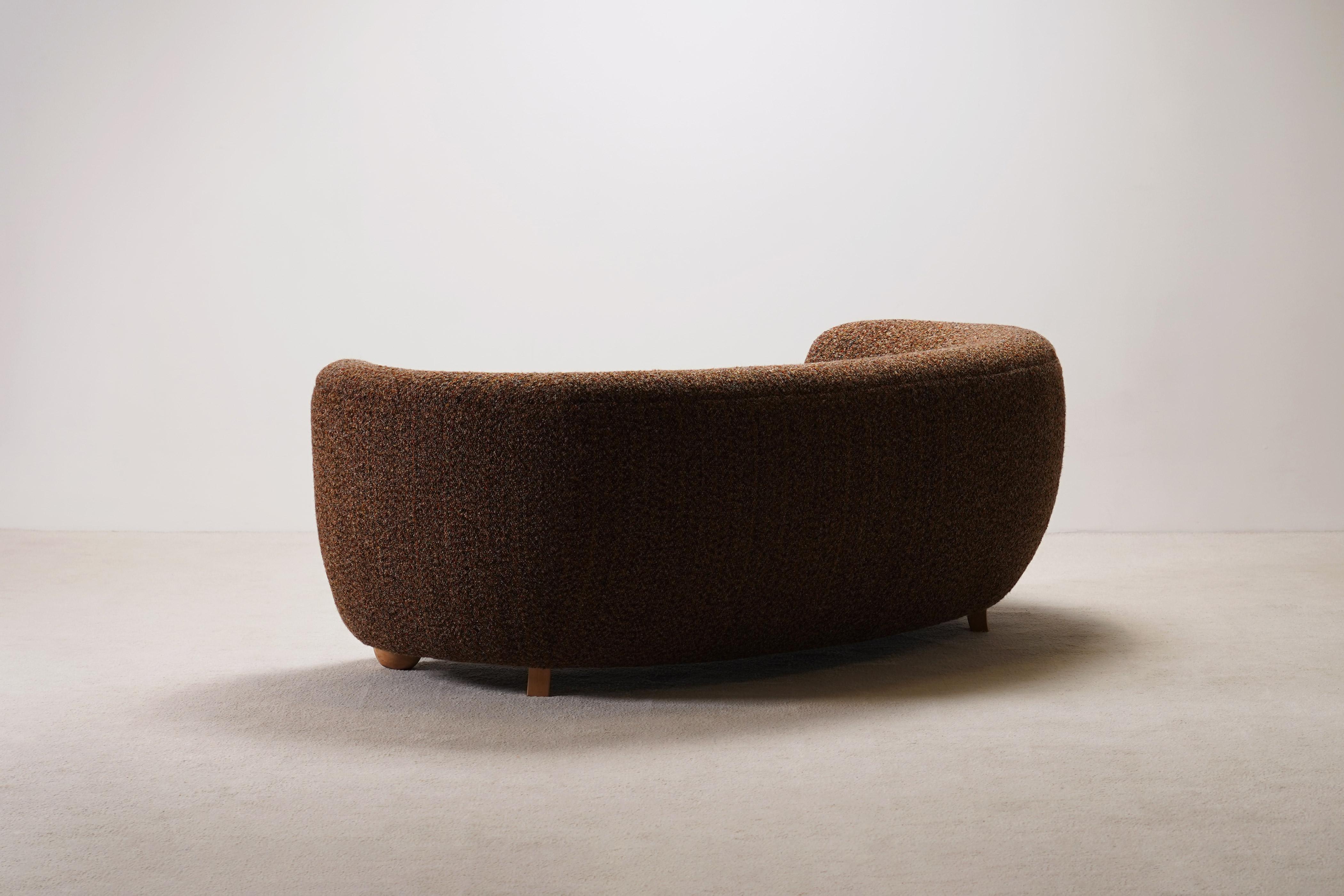 Scandinavian Modern Large Two-Seater Danish Curved Sofa, 1940s, Newly Upholstered For Sale