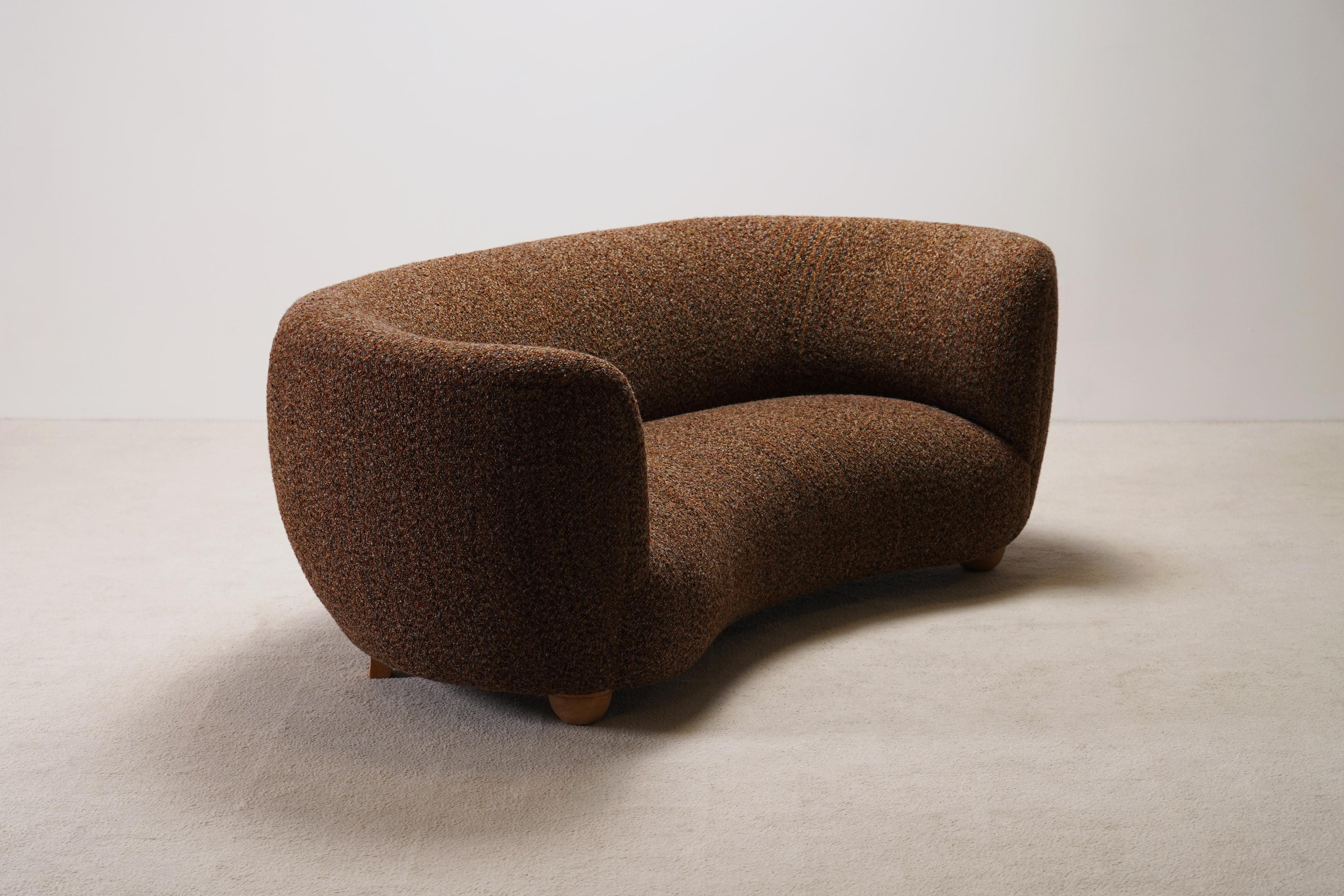Mid-20th Century Large Two-Seater Danish Curved Sofa, 1940s, Newly Upholstered For Sale