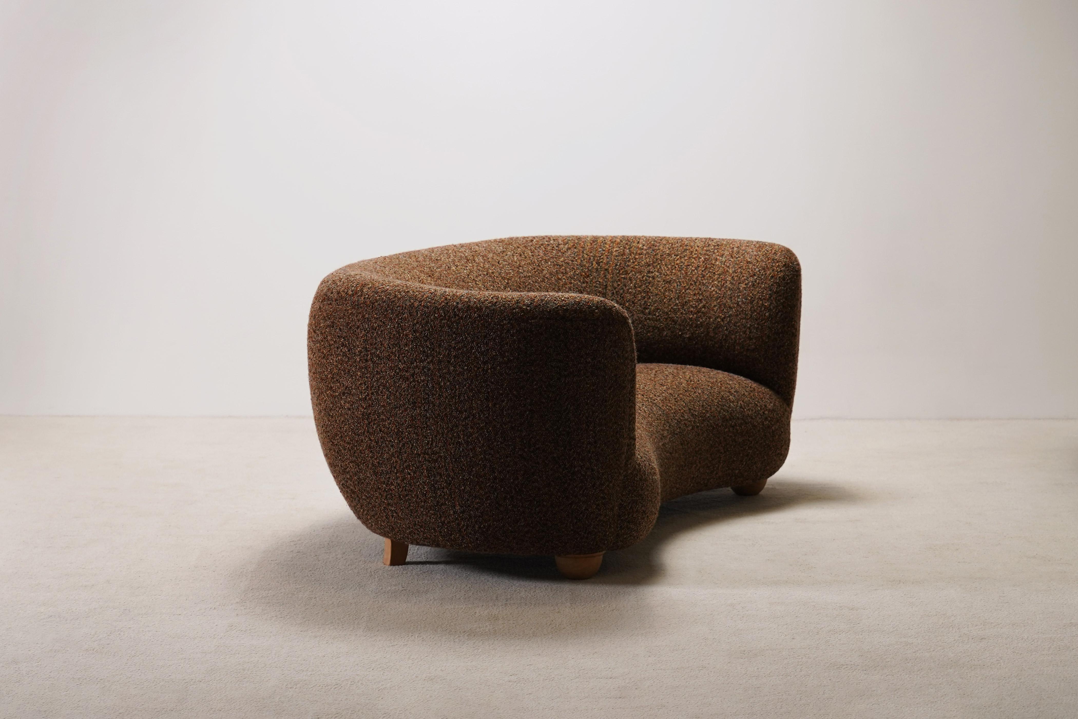 Fabric Large Two-Seater Danish Curved Sofa, 1940s, Newly Upholstered For Sale