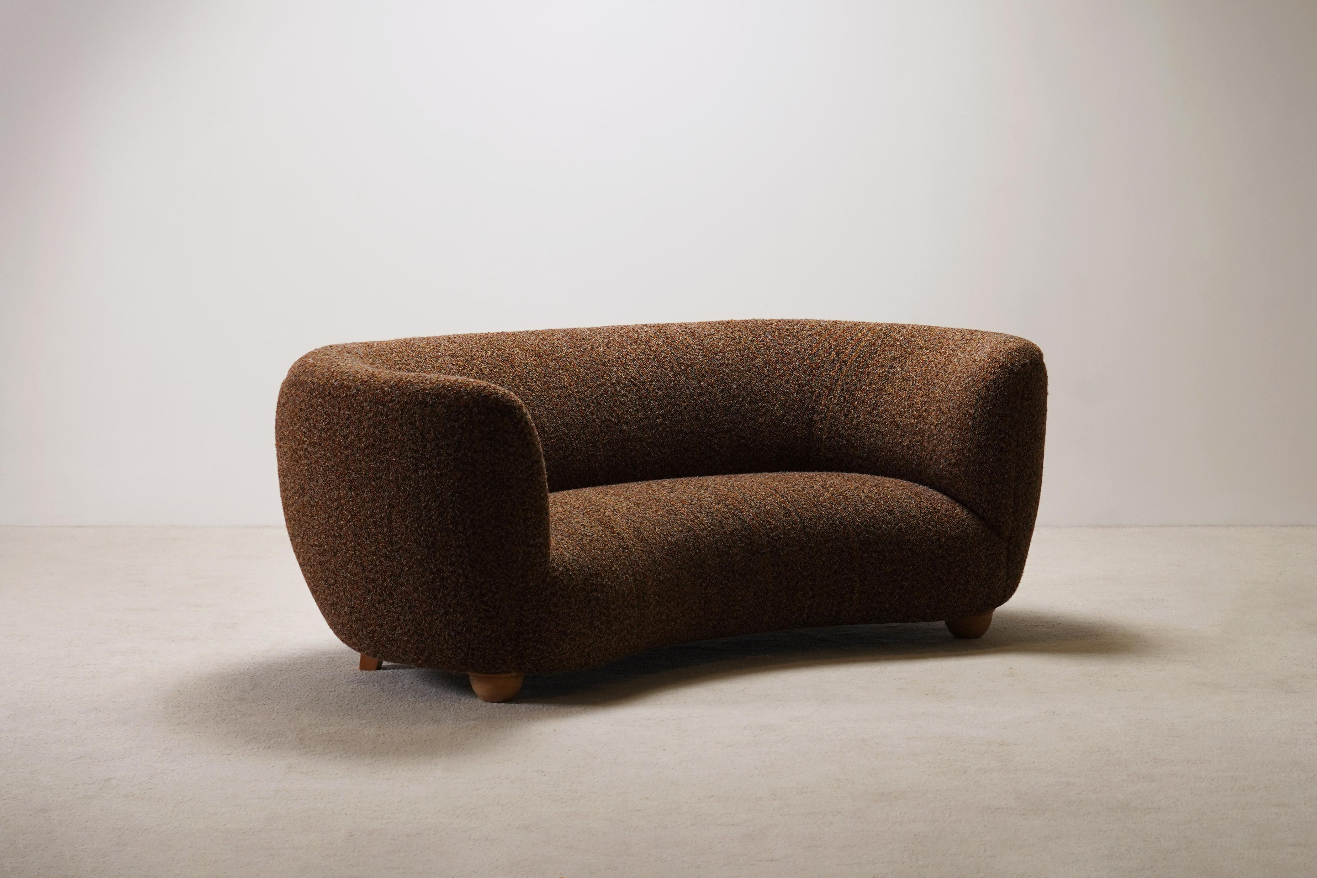Large Two-Seater Danish Curved Sofa, 1940s, Newly Upholstered For Sale 1