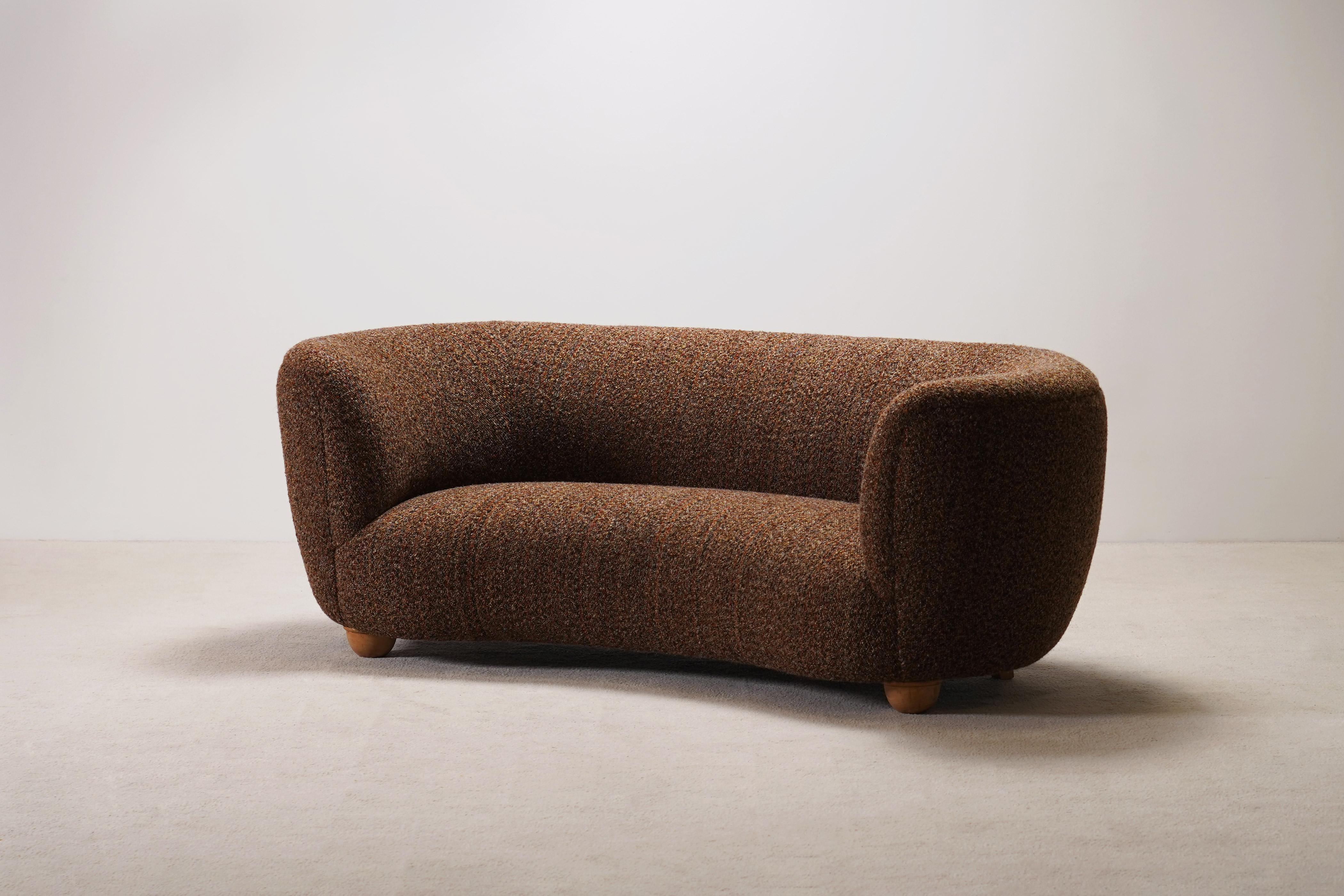 Large Two-Seater Danish Curved Sofa, 1940s, Newly Upholstered For Sale 2