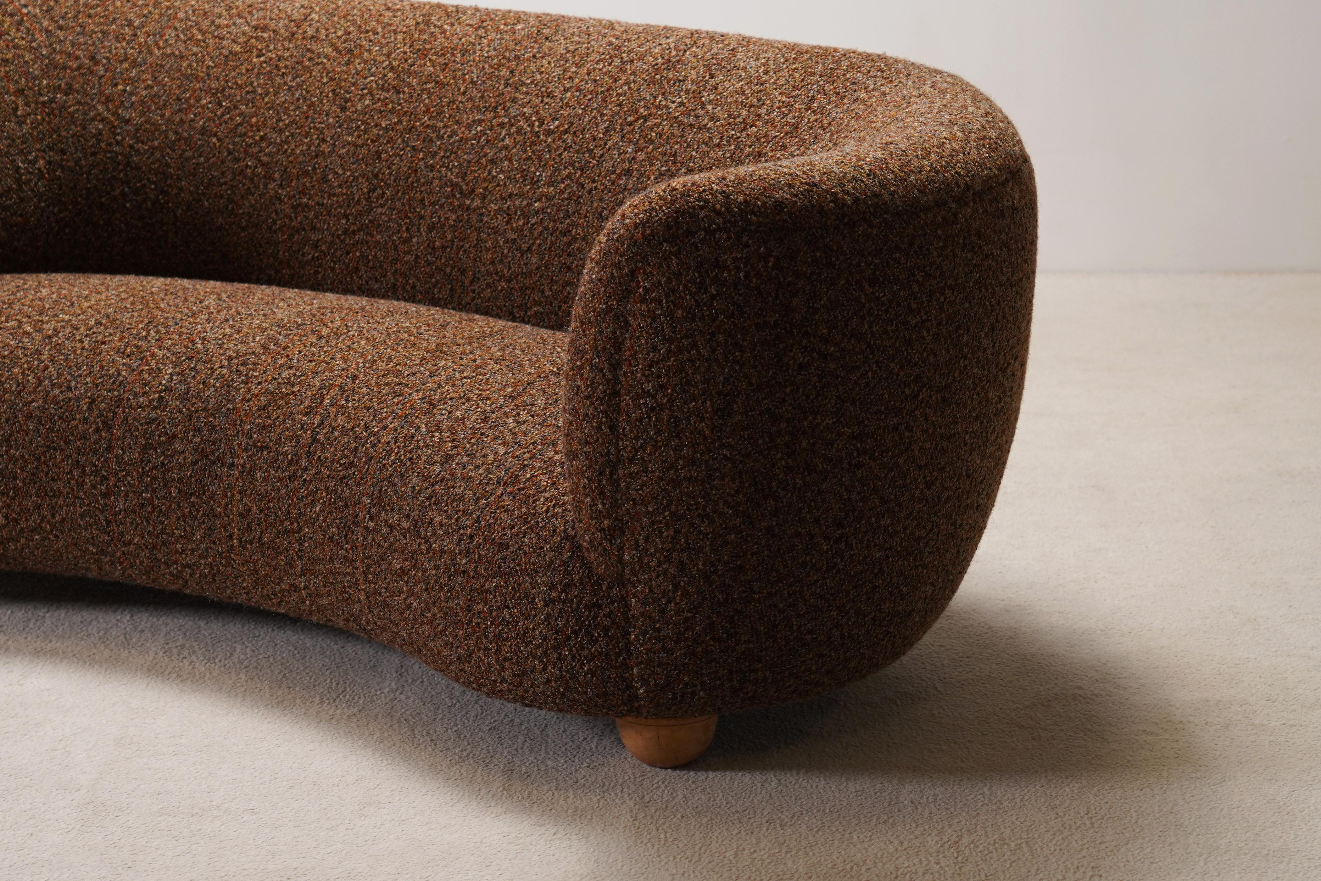 Large Two-Seater Danish Curved Sofa, 1940s, Newly Upholstered For Sale 3