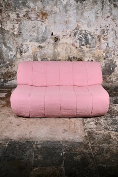 Grande divano a due posti rosa, made in France, anni '80